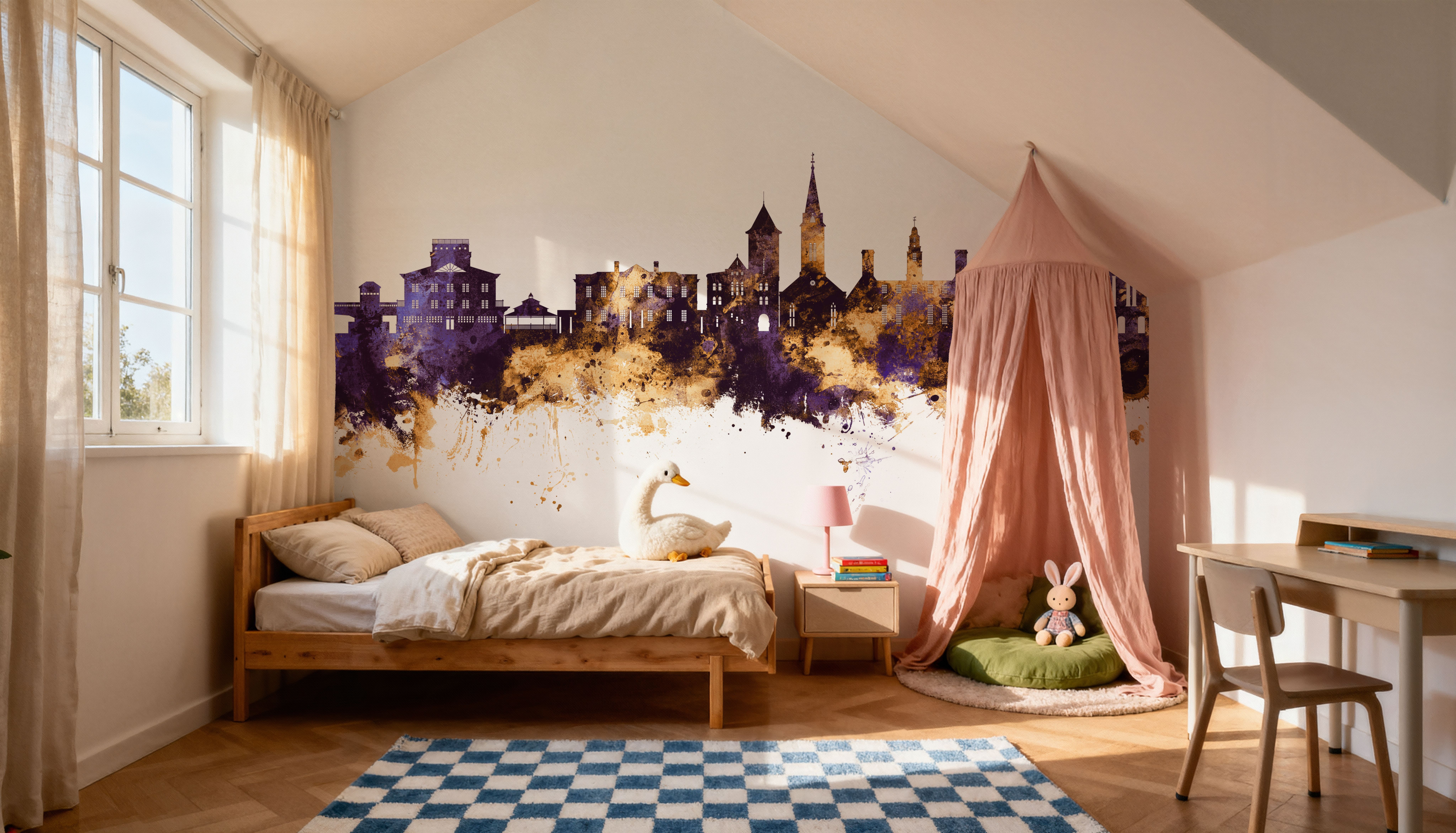 New Bern North Carolina Skyline Purple & Gold, Wallpaper