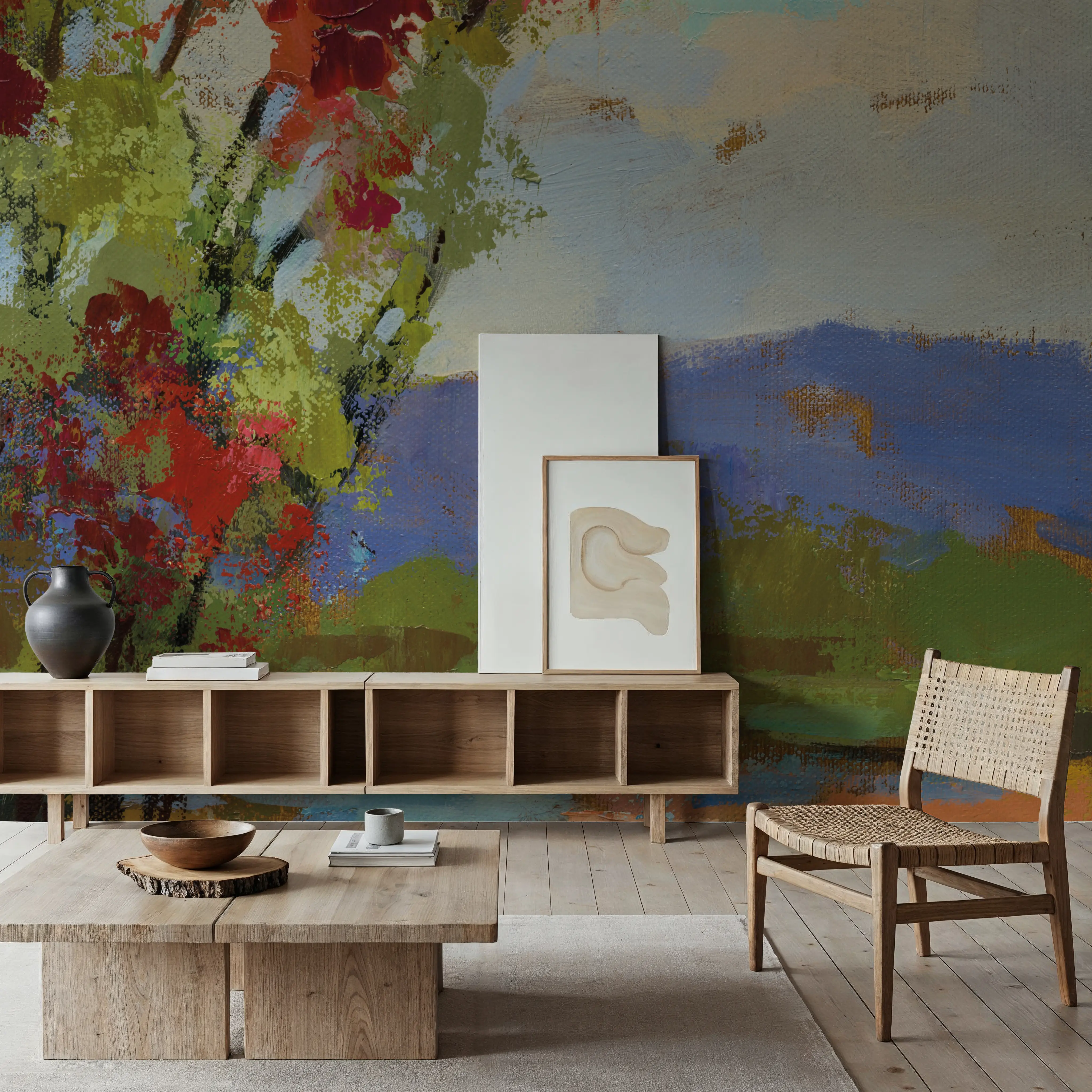 Papier Peint Panoramique - River Edge II - Abstrait Paysages - Vert - Salon - Wallism Belgique - Encollage au mur ou Autocollant