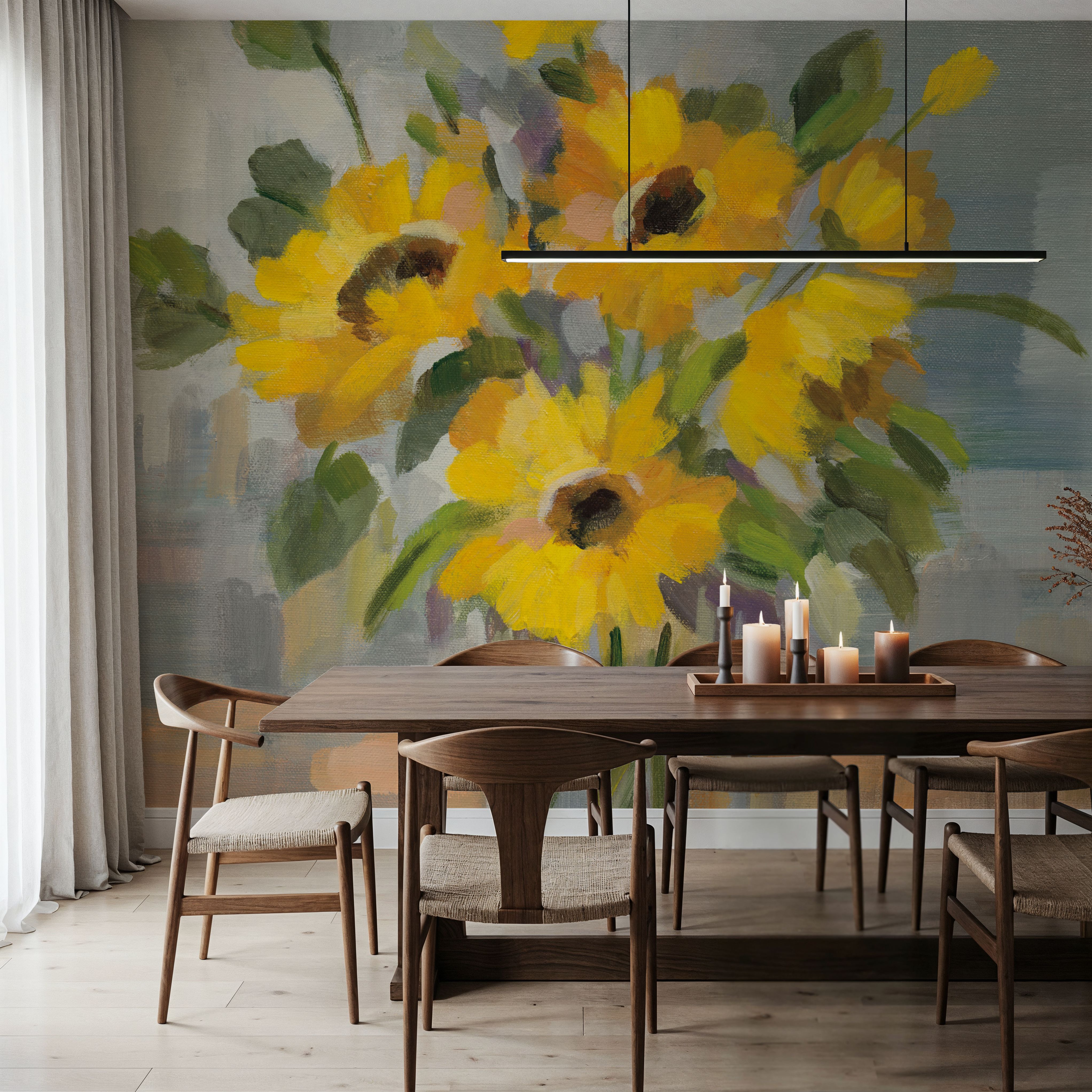 Wall Mural - Sunny Floral I - Contemporary Floral mural wallpaper - Yellow - Dining Room - Wallism US - Premium, Textured or Peel & Stick