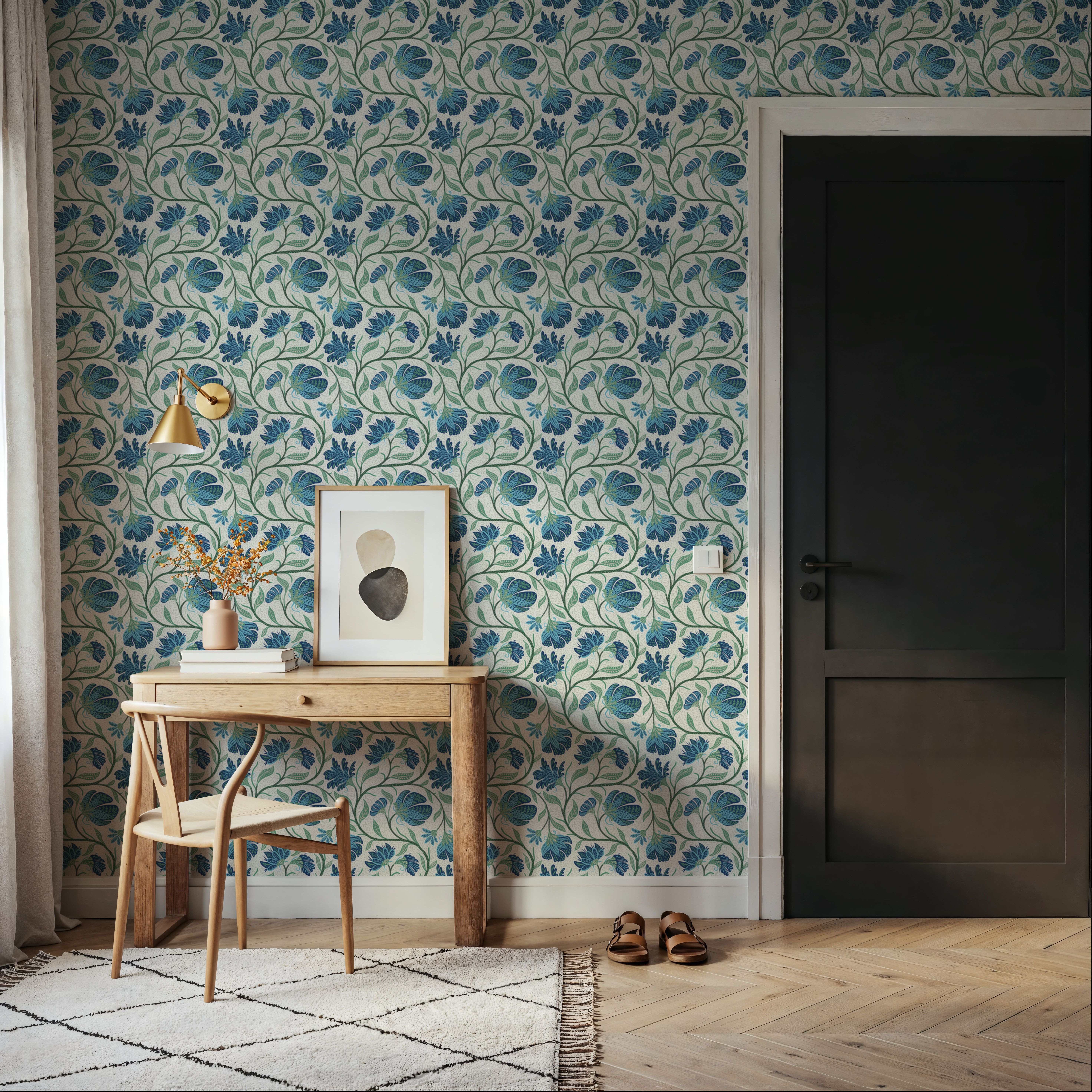 Indial Floral, Teal on Cream