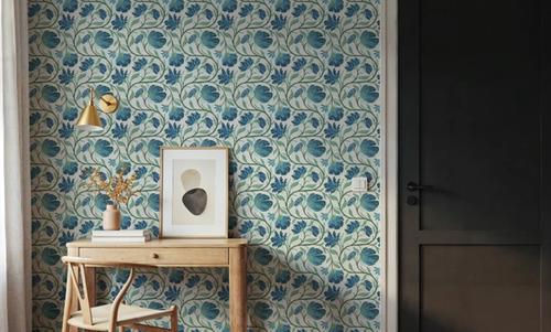 Indial Floral, Teal on Cream