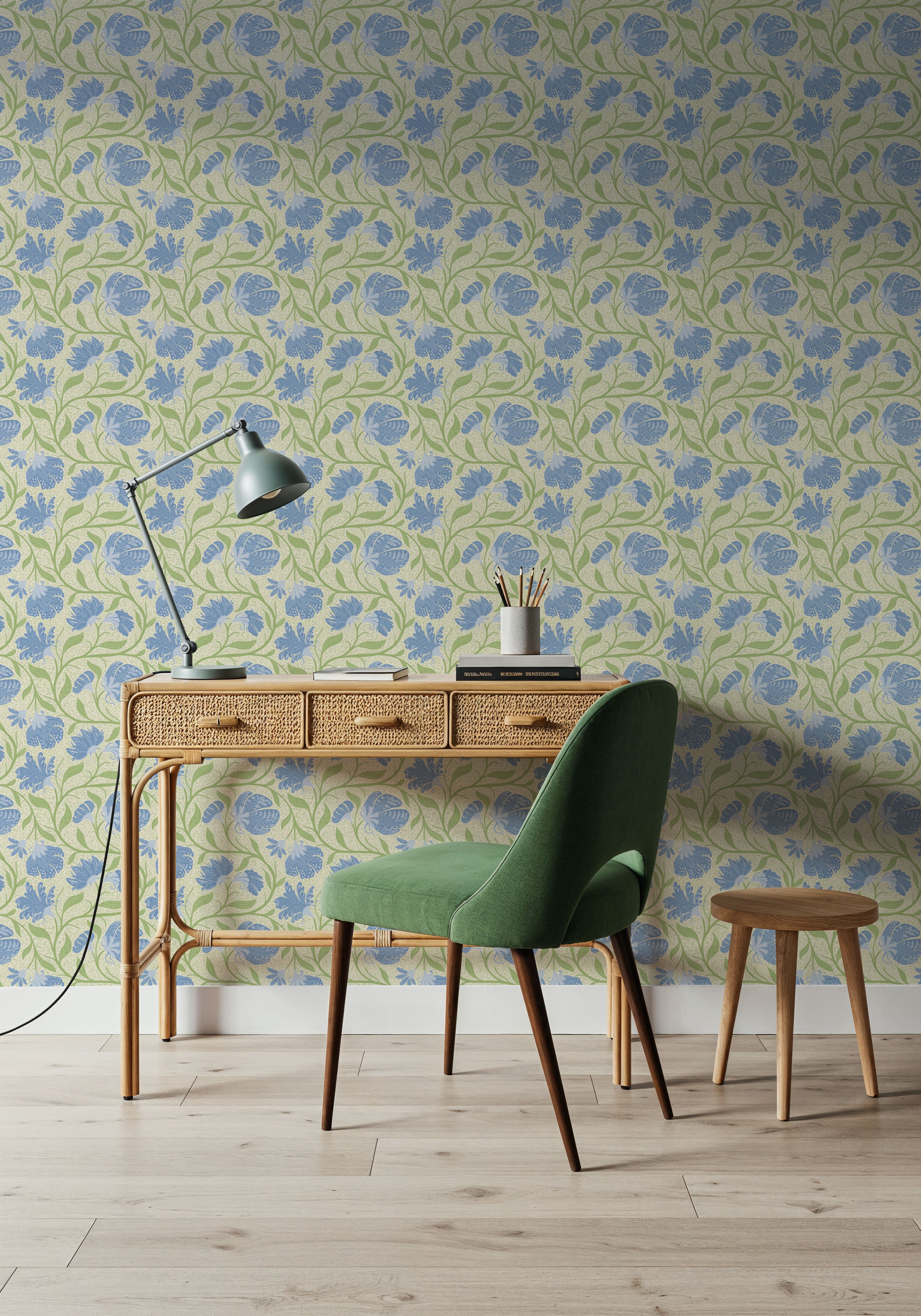 Indial Floral, Baby Blue on Light Green
