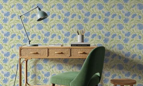 Indial Floral, Baby Blue on Light Green