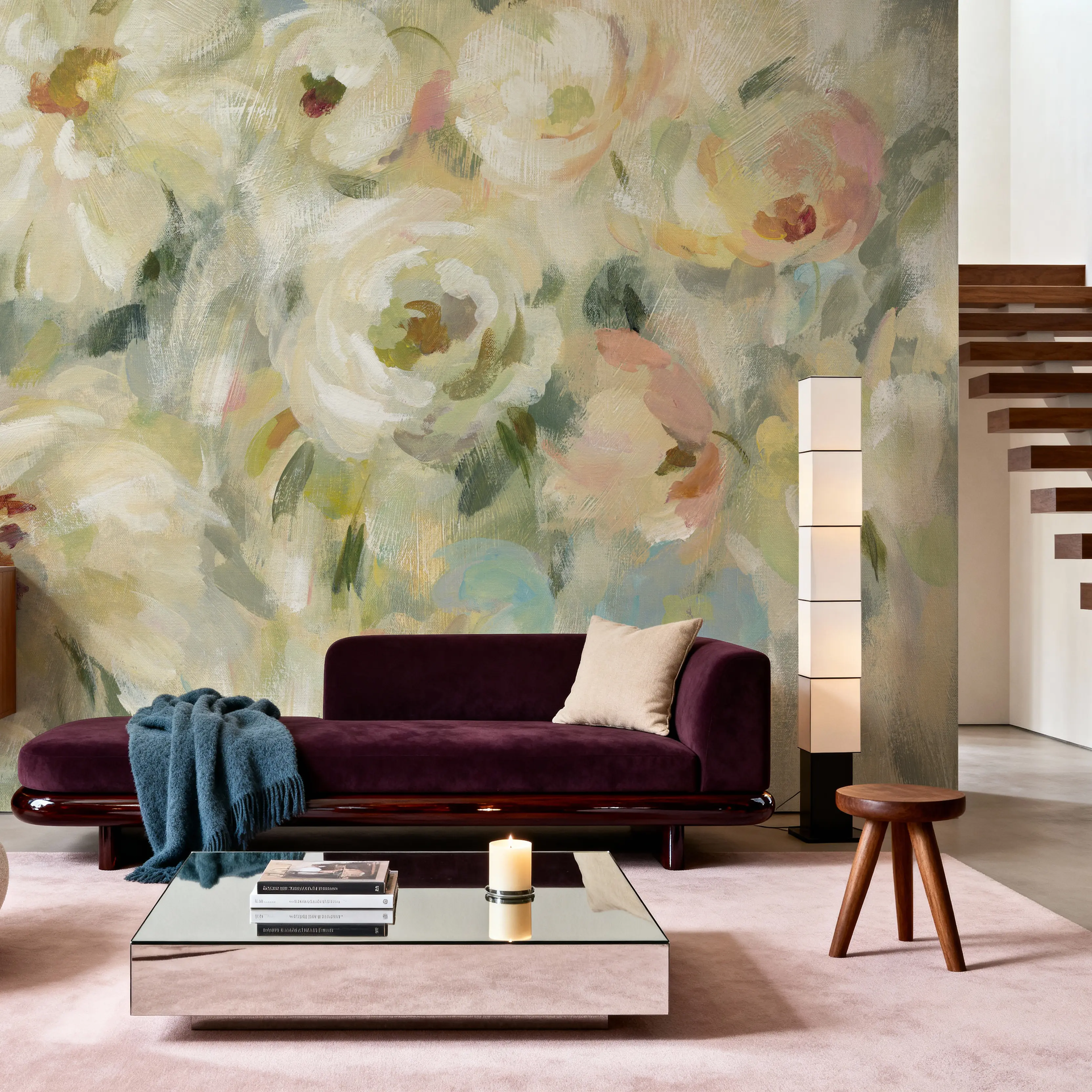 Fotobehang - Expressive Pale Floral on Canvas - Abstract Kunst Bloemen Mural - Wit - Gangtrappen - Wallism België - Zelfklevend of Vliesbehang