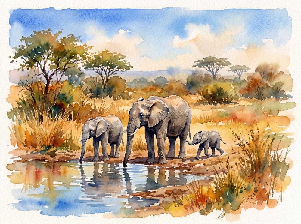 Elephants by the Water Hole - Watercolor Landscapes Series