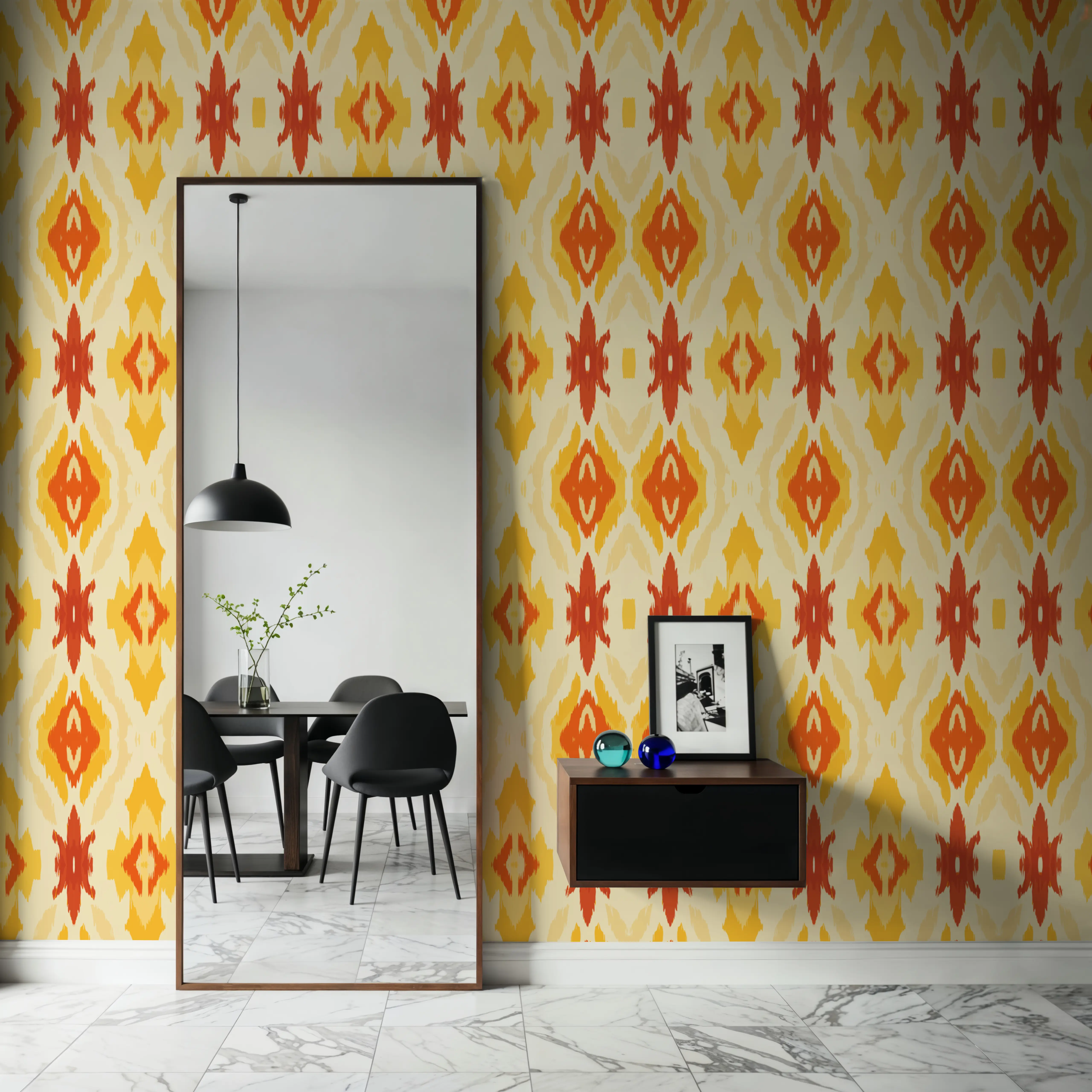 Wallpaper - 70s Ikat II - Ikat - Orange - Living room - Wallism UK - Peel & Stick or Paste-the-Wall