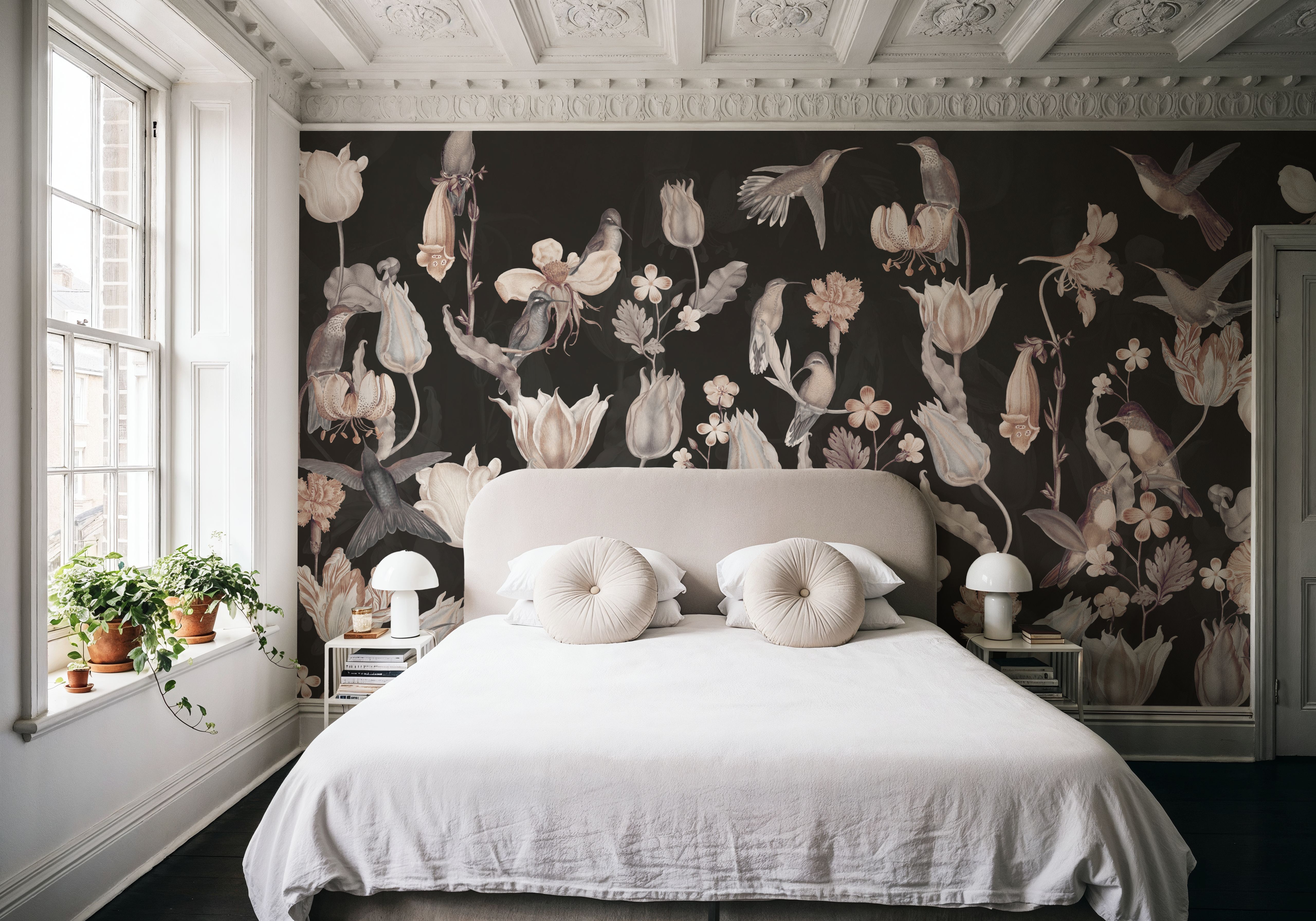 Tulips & Birds, Black, Wallpaper