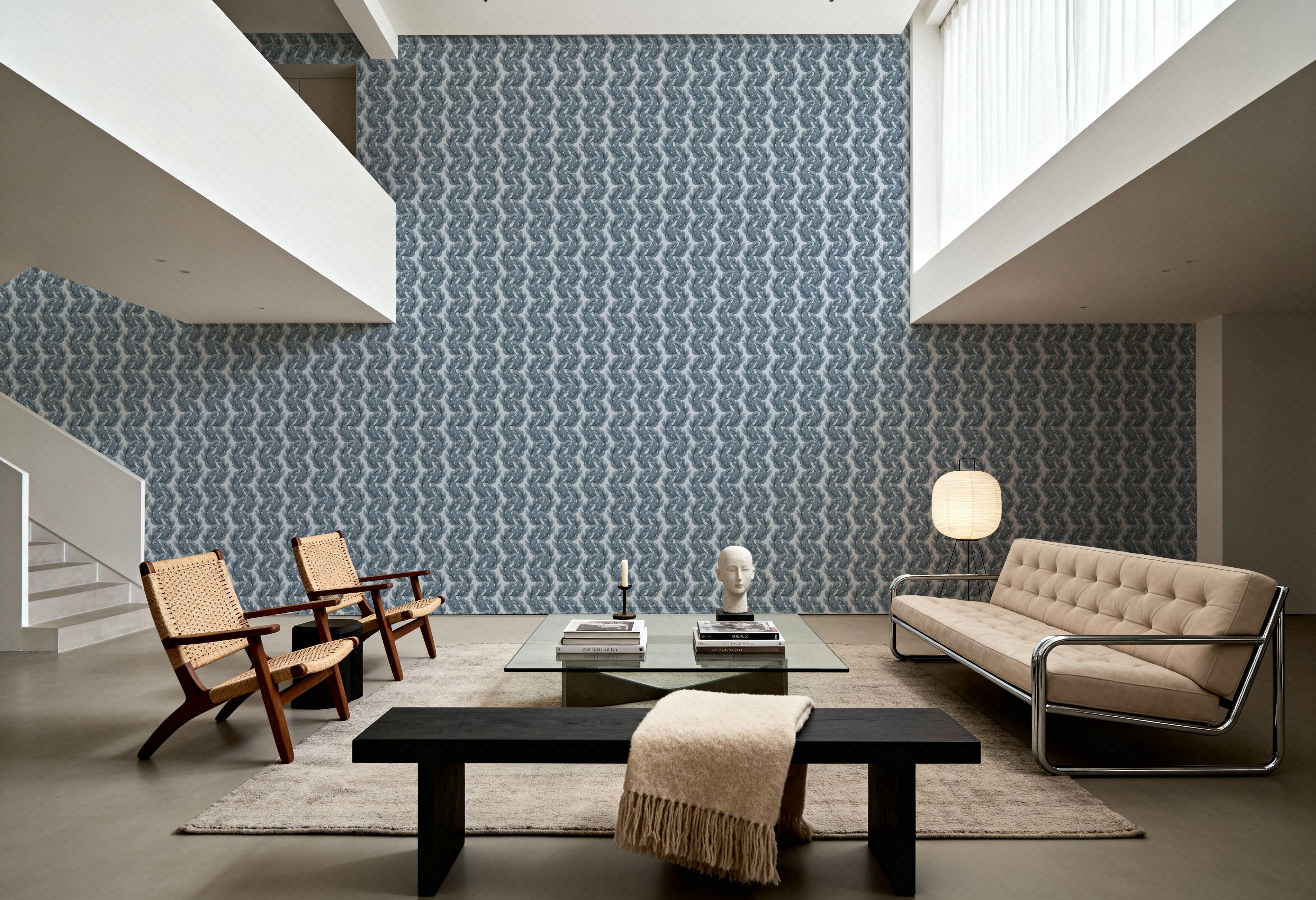 Wallpaper - Verdant Plume, Chalky Blue - Foliage Nature - Blue - Dining Room - Wallism US - Premium, Textured or Peel & Stick