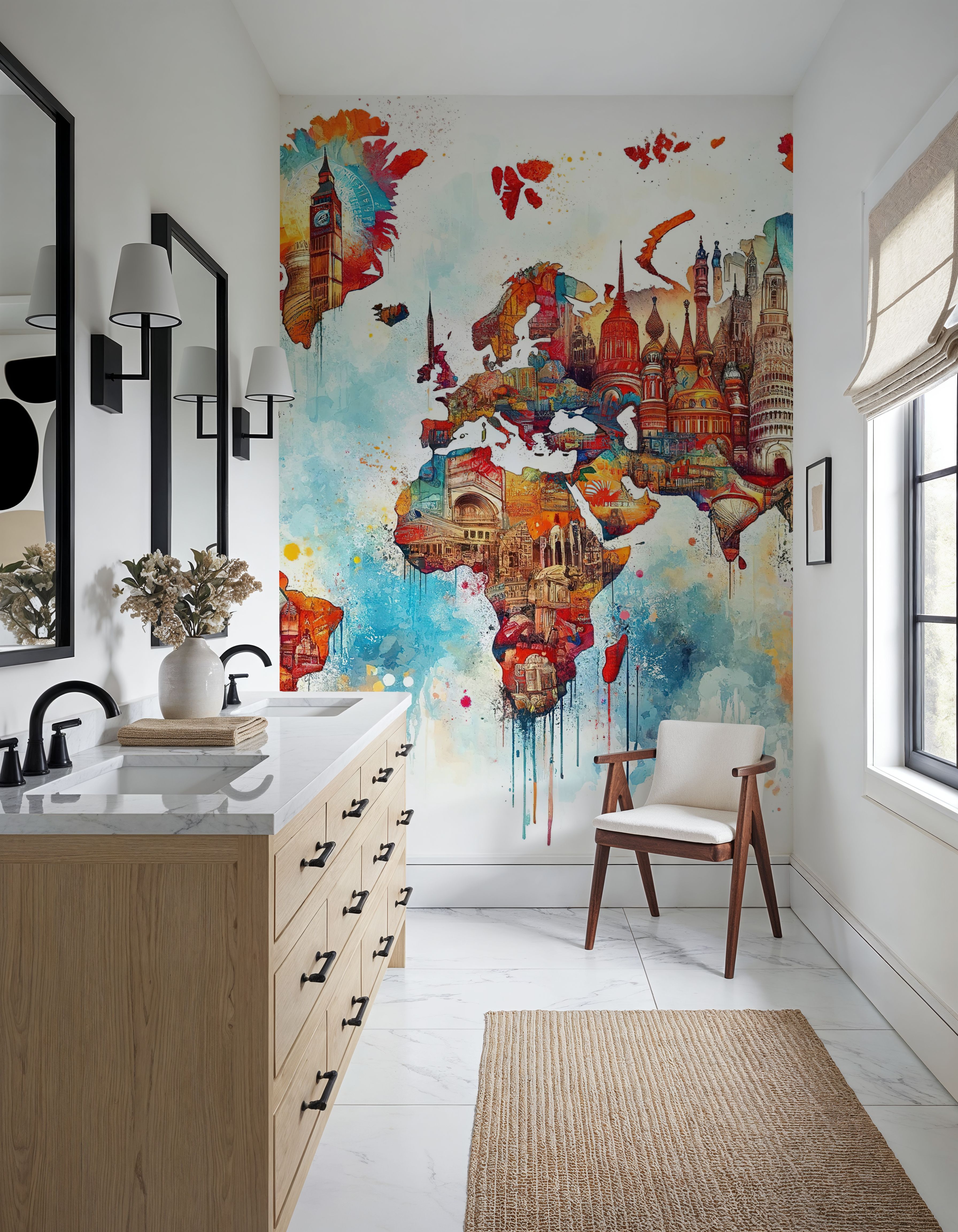 Watercolor World Map Landmarks