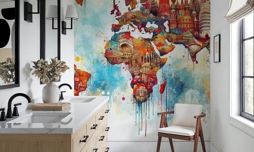 Watercolor World Map Landmarks