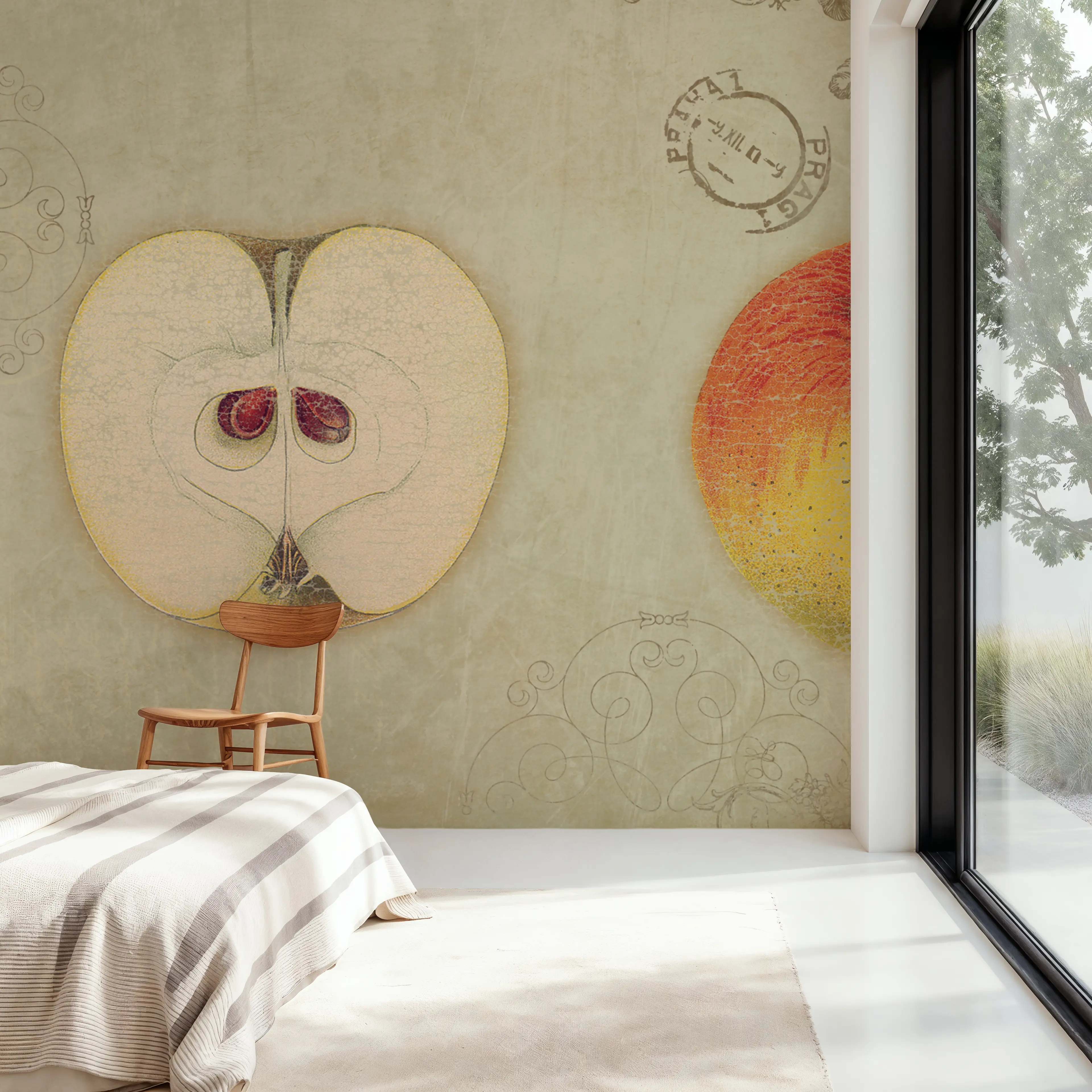 Fotobehang - Apple Quartet - Folk Fruit Mural - Geel - Woonkamer - Wallism België - Zelfklevend of Vliesbehang