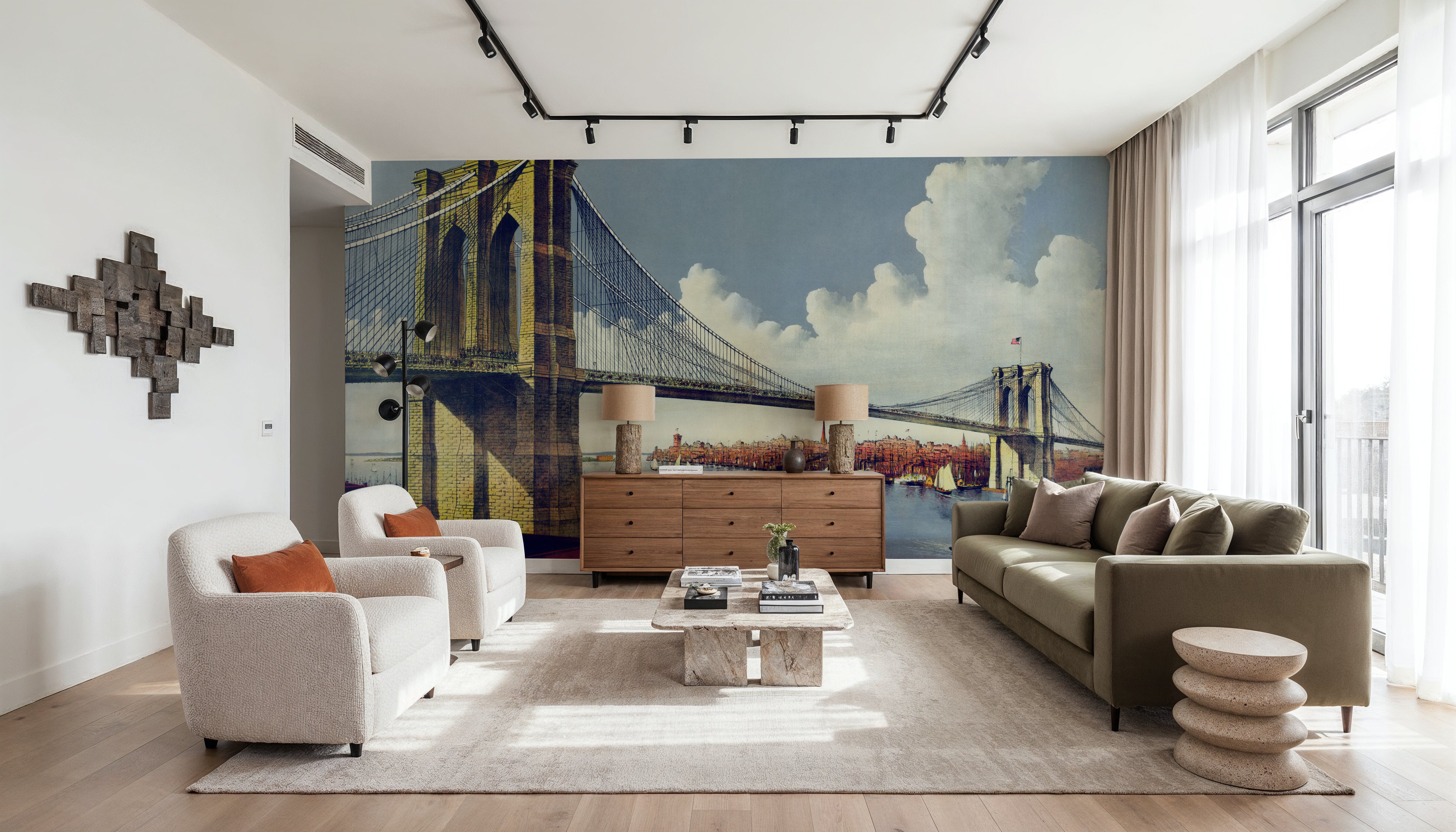 Vintage Illustration of East River Bridge, New York, Behang