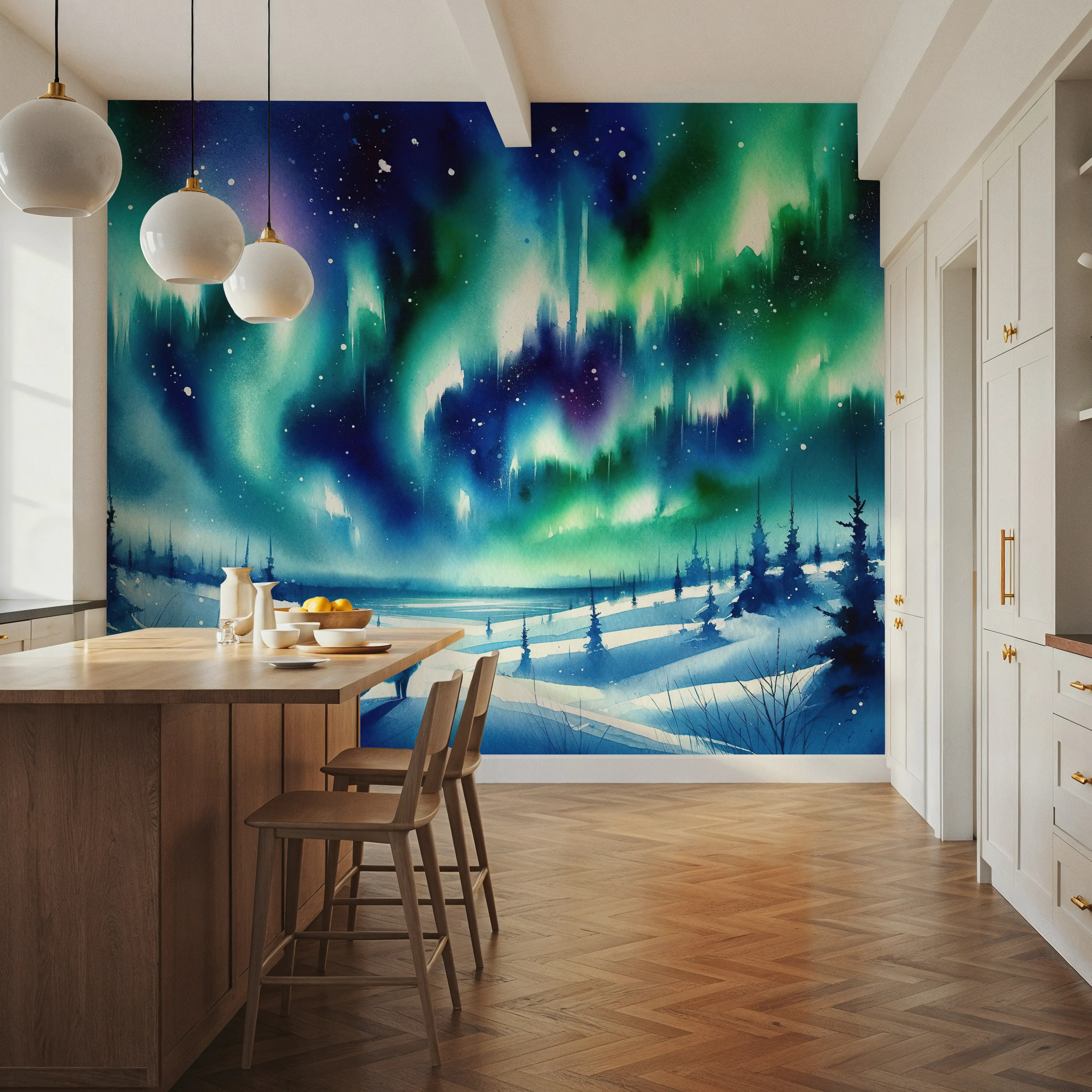 Wall Mural - Arctic Fox and Northern Lights - Skies Landscapes mural wallpaper - Green - Offices - Wallism UK - Peel & Stick or Paste-the-Wall