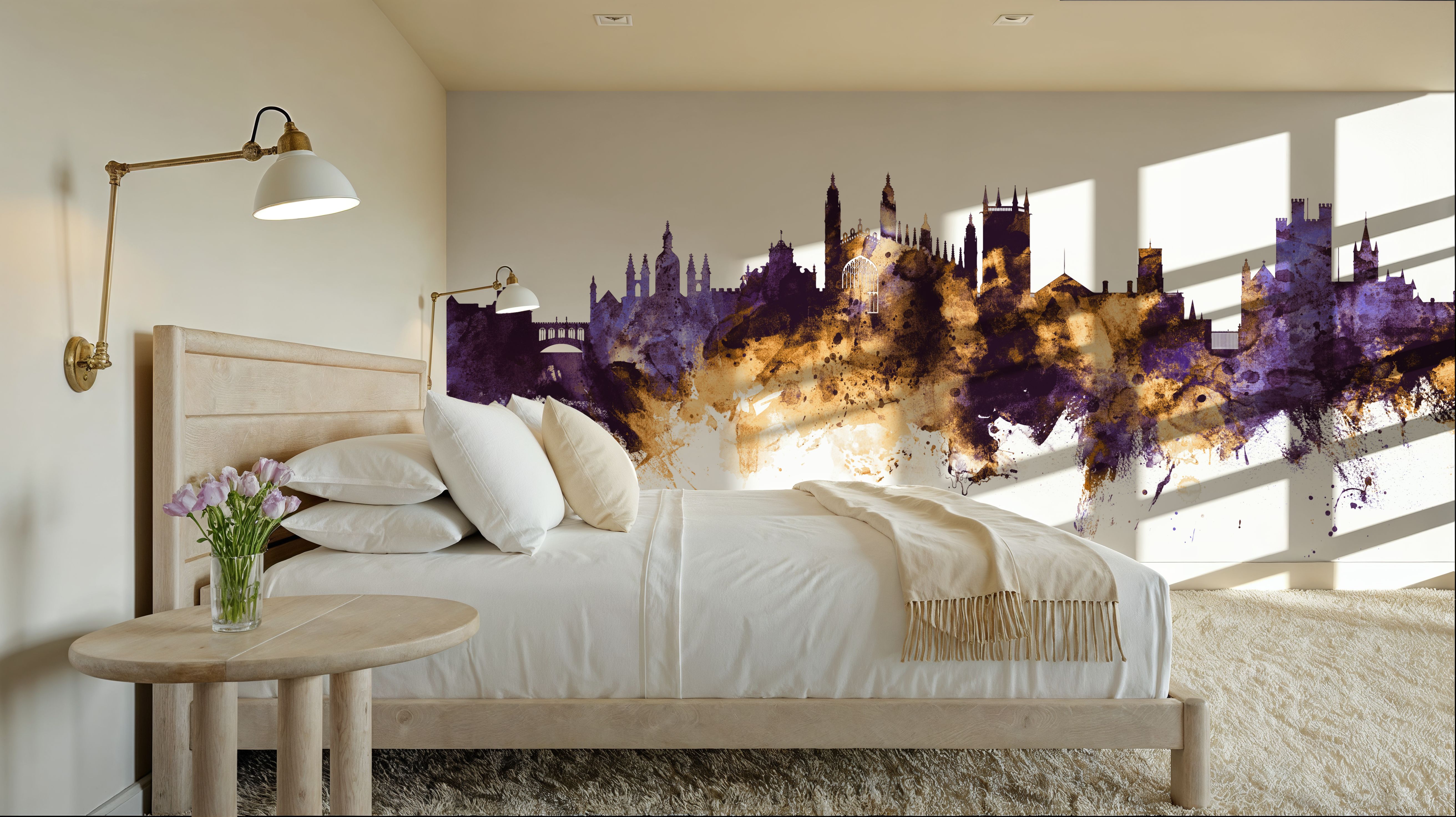 Cambridge England Skyline Purple & Gold, Wallpaper