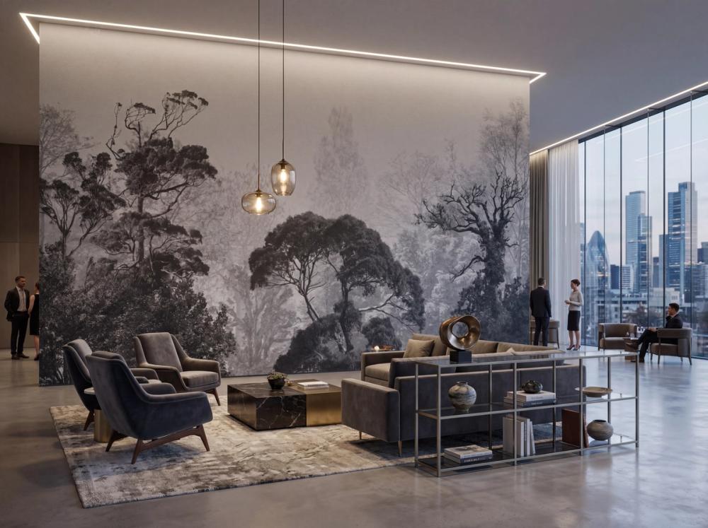 an interior photo of a common area reception room at a manhattan hotel with a forest wall mural and sofa