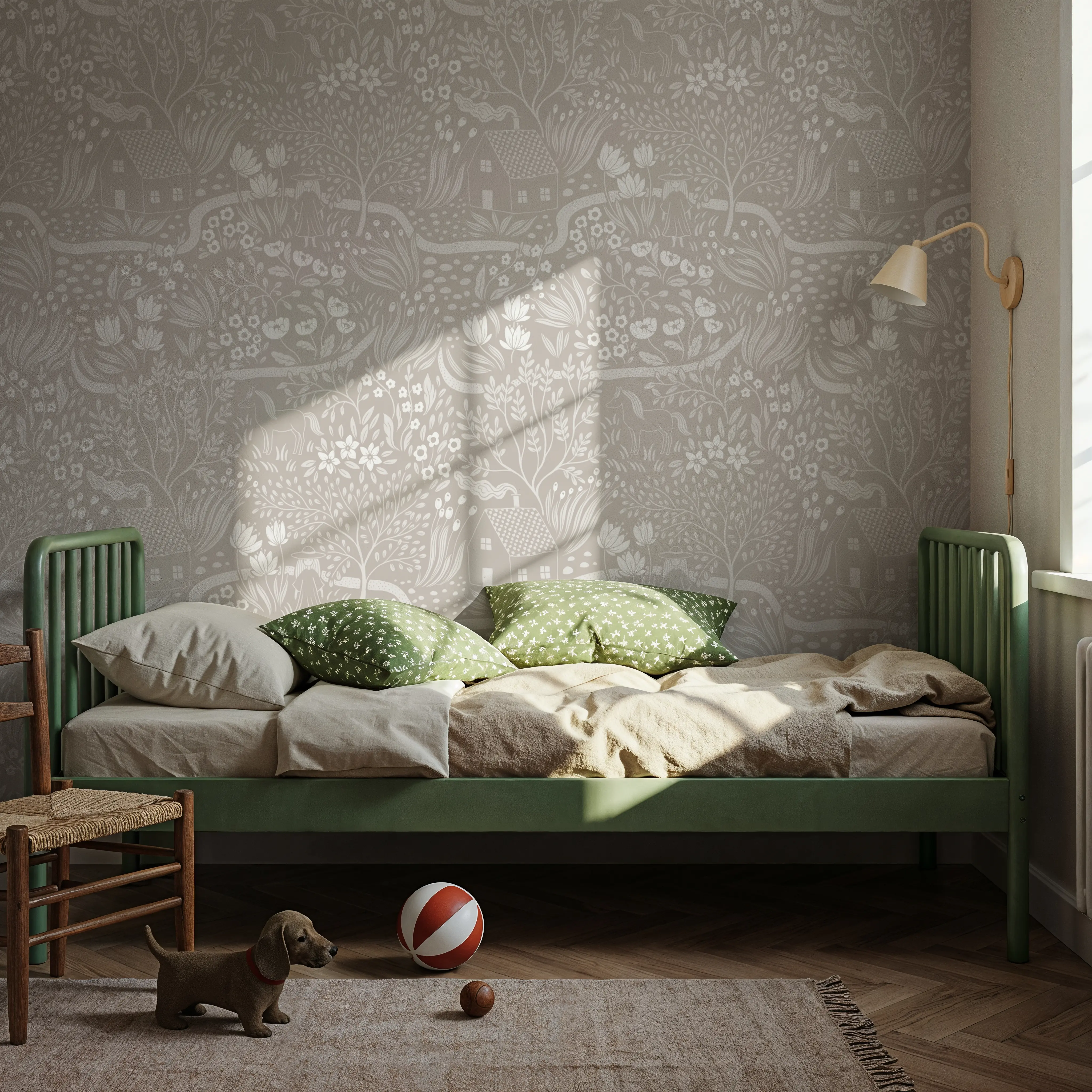 Behang - Countryside, Beige - Toile de Jouy - Bruin - Kinderkamer - Wallism België - Zelfklevend of Vliesbehang