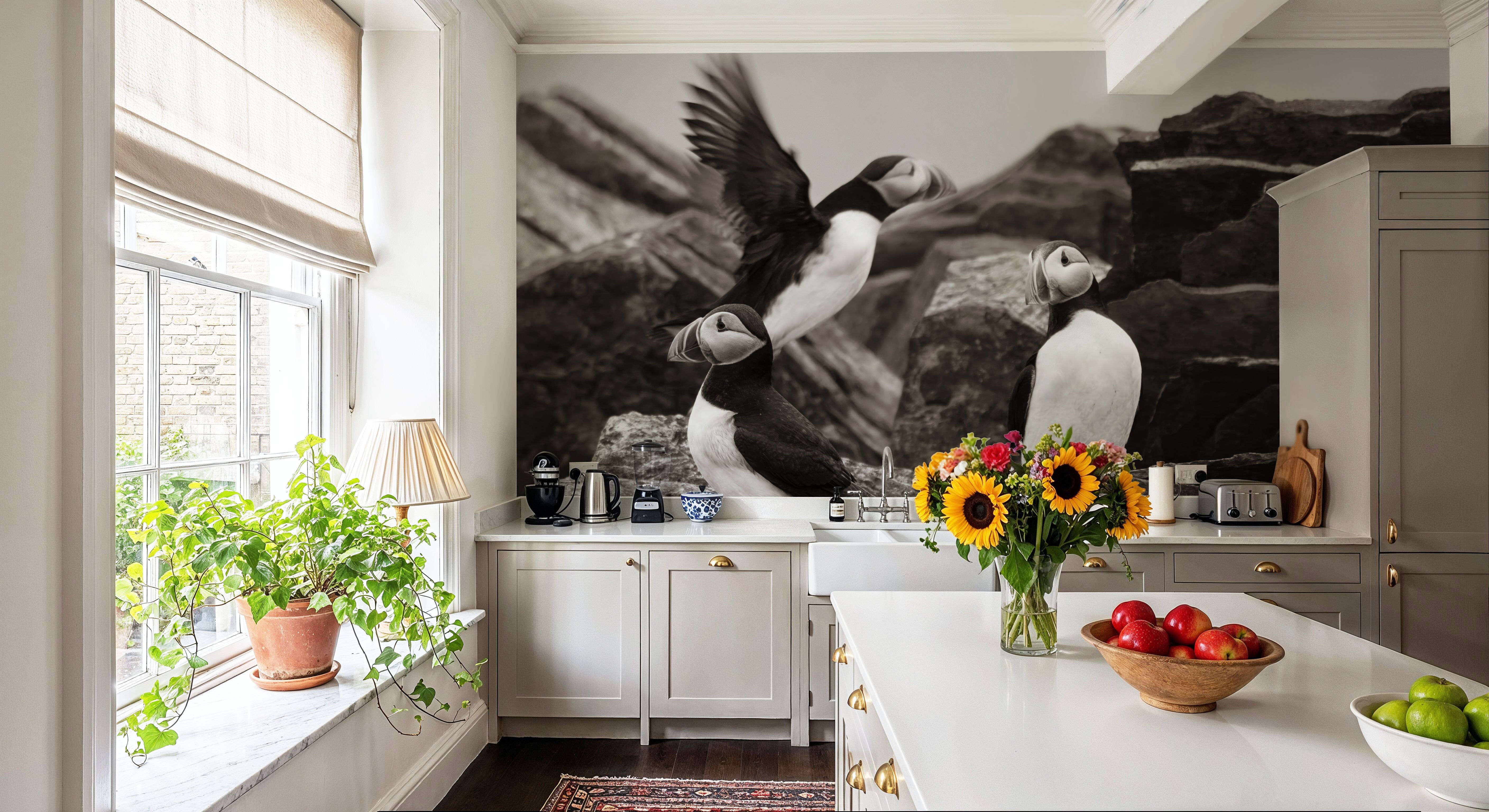 Atlantic Puffin Colony BW