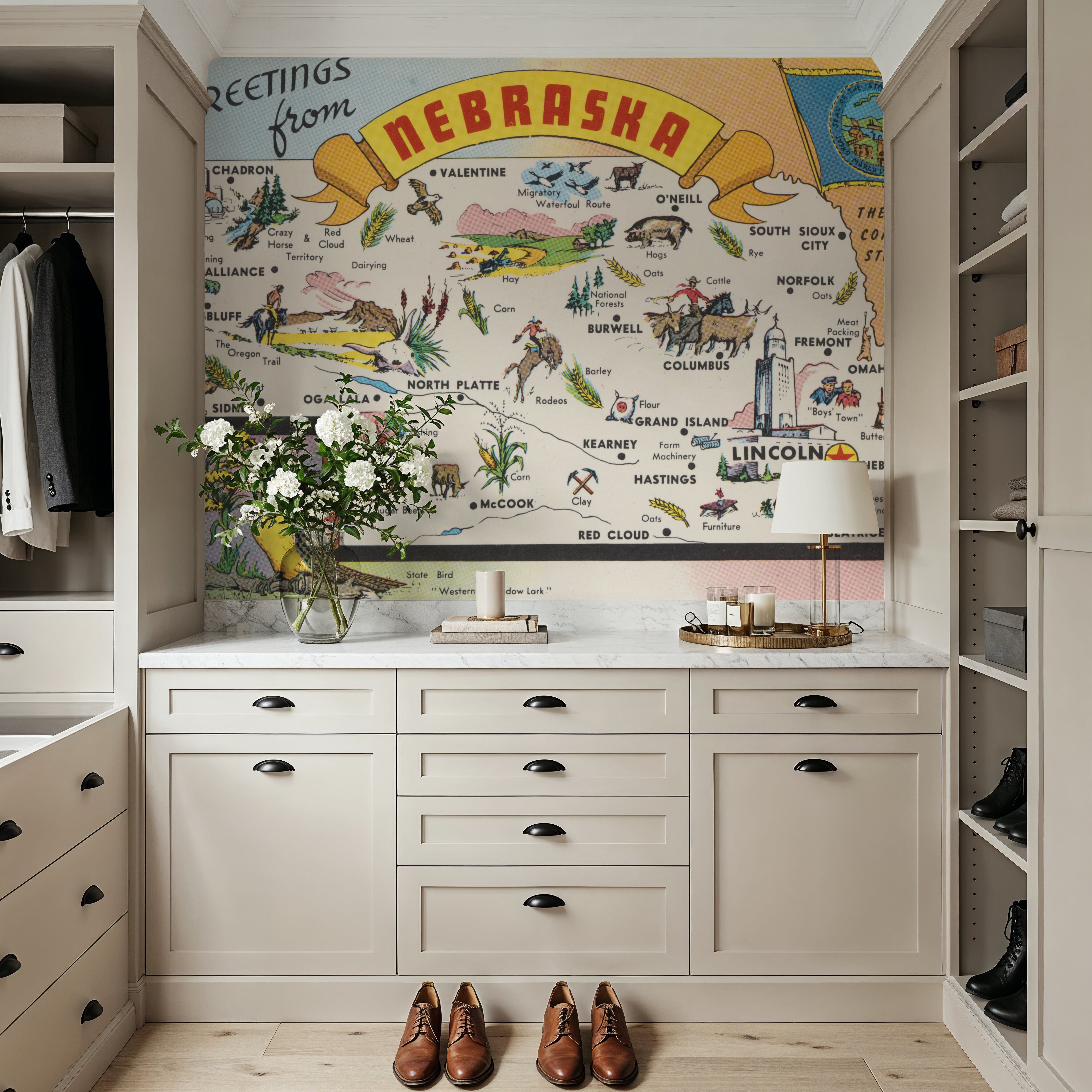 Greetings from Nebraska Map - Screenprint Postcard