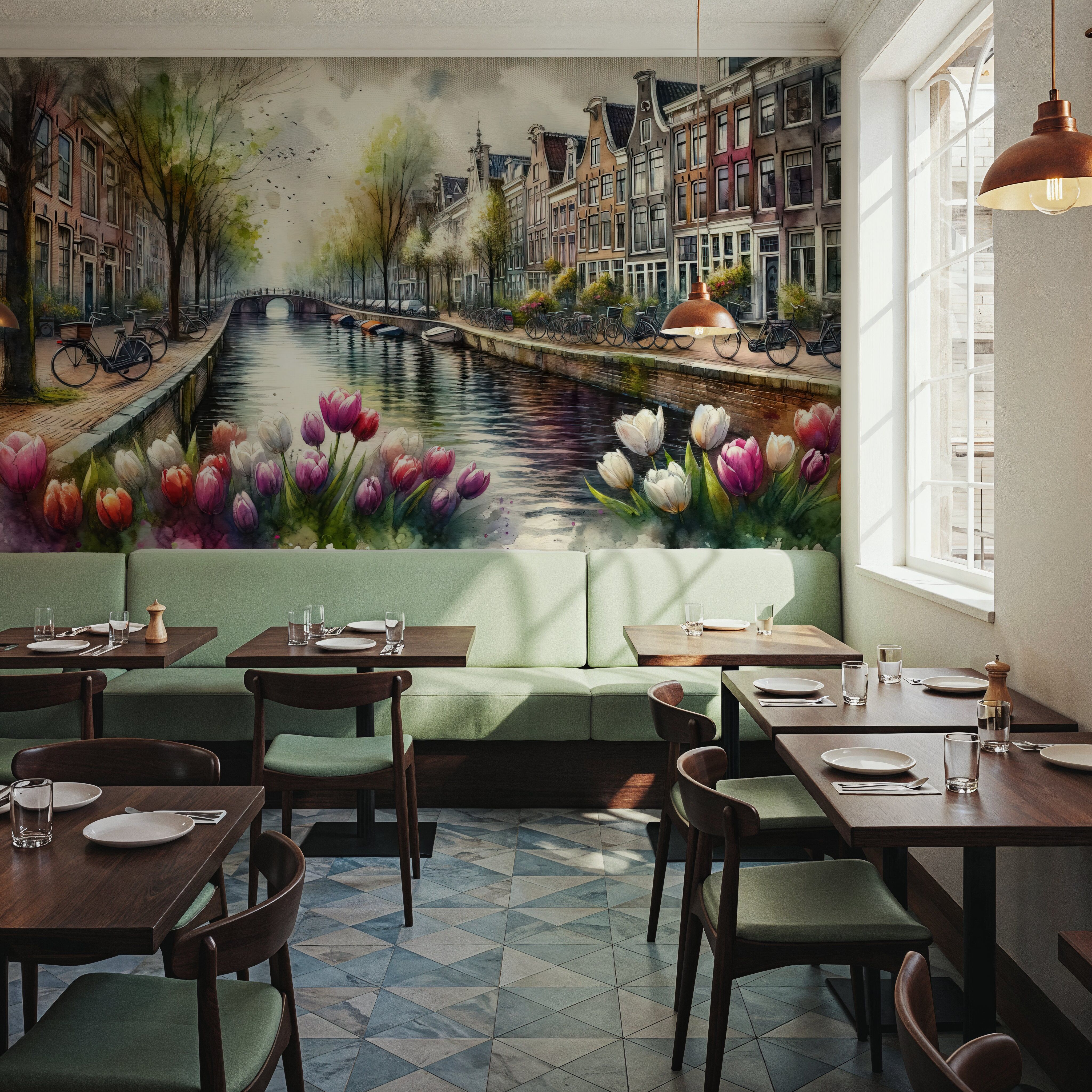 Watercolor Canal Scene Dutch Houses