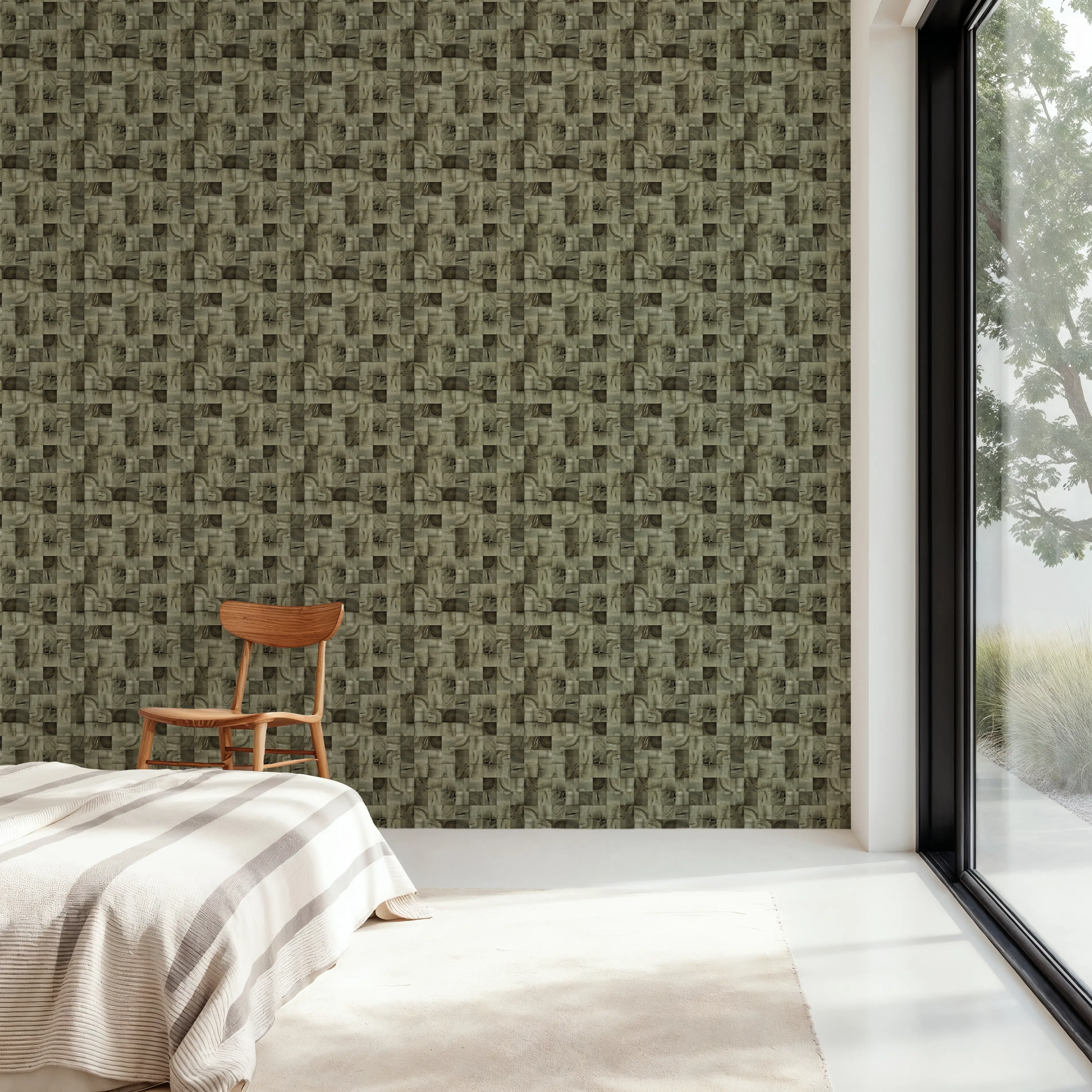 Wallpaper - Stubbs, Green - Squares Wood - Brown - Bedroom - Wallism UK - Peel & Stick or Paste-the-Wall