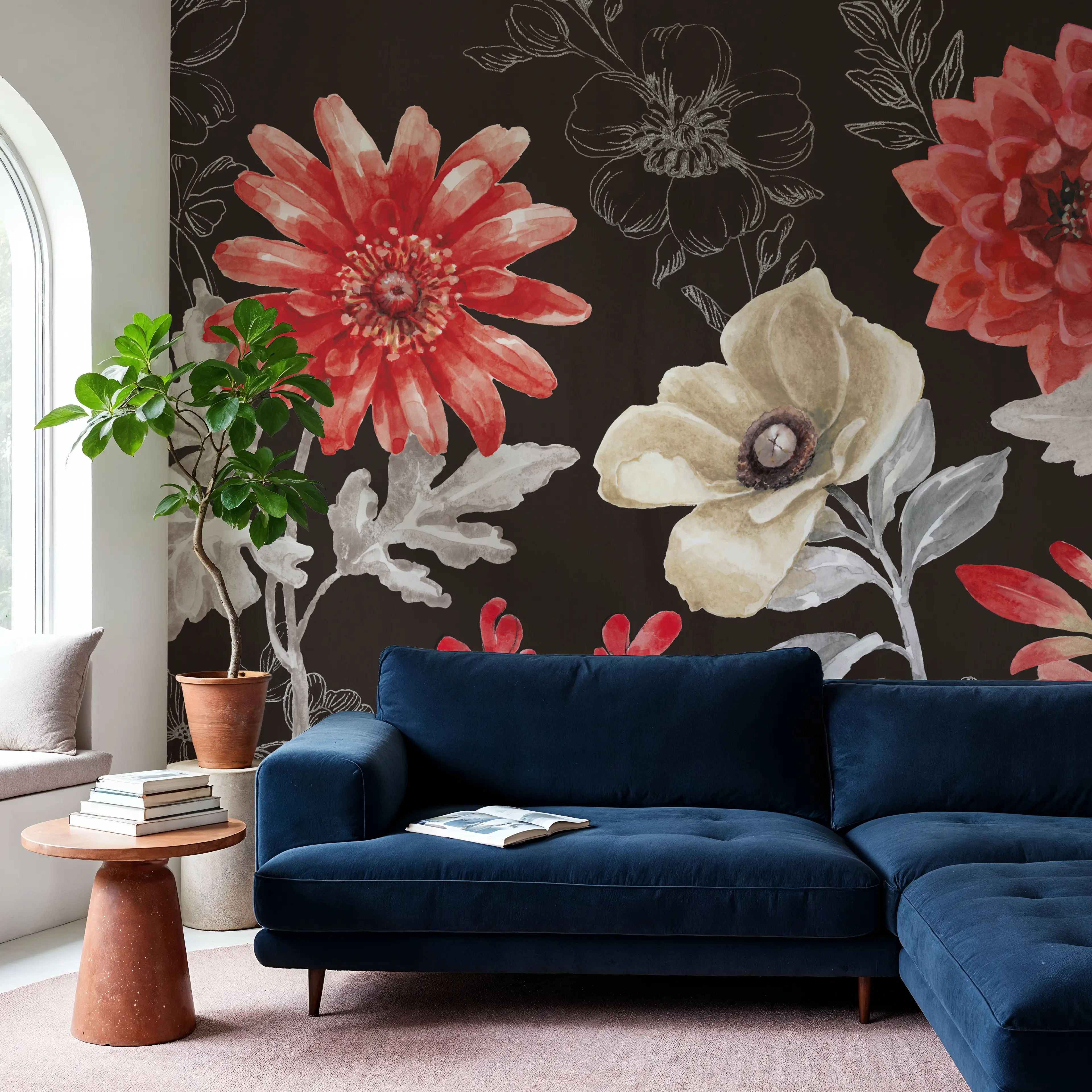 Fotobehang - Flora Toile I Dark - Hedendaagse Kunst Natuur Mural - Rood - Woonkamer - Wallism België - Zelfklevend of Vliesbehang