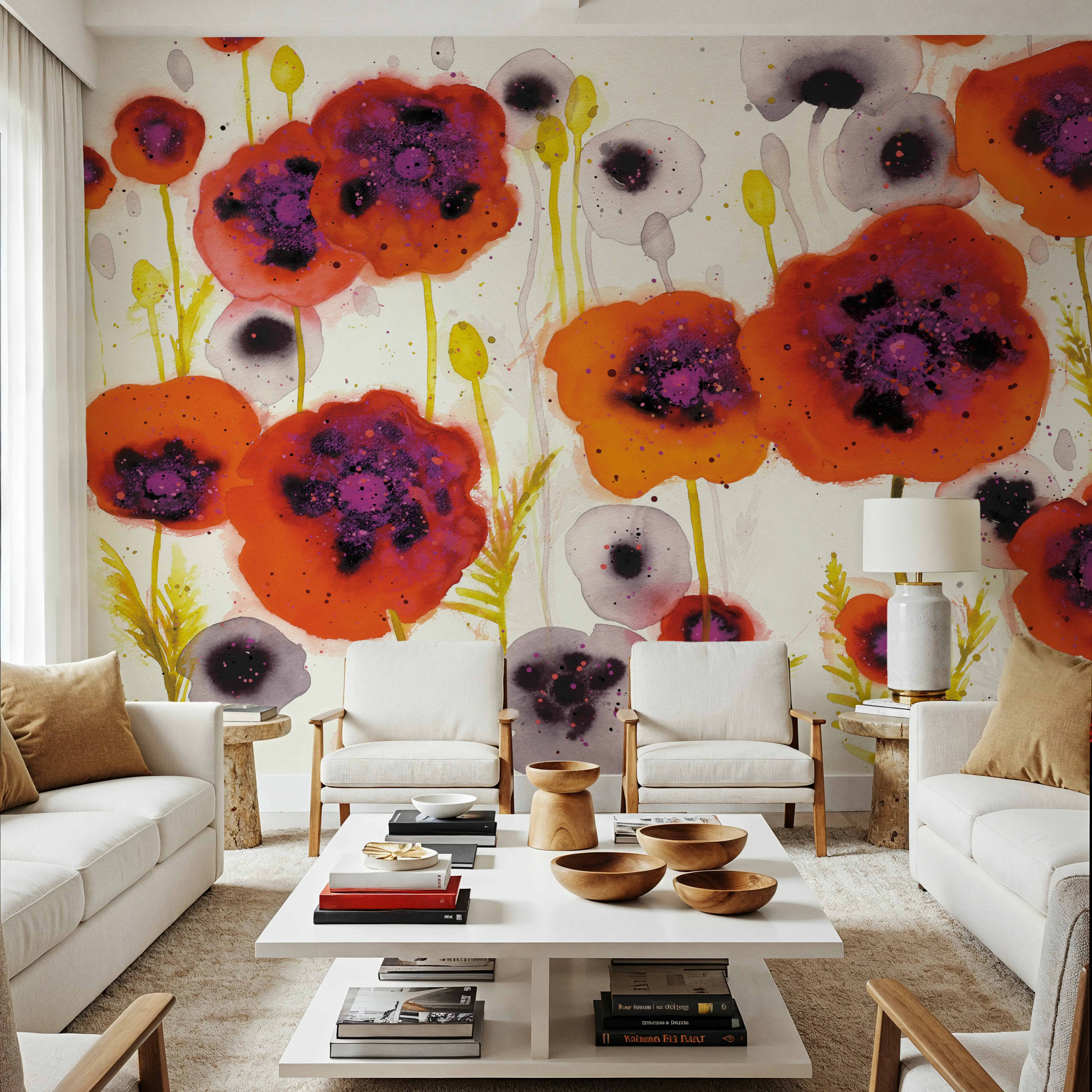 Fotobehang - Splash Garden I - Abstract Kunst Natuur Mural - Oranje - Eetkamer - Wallism België - Zelfklevend of Vliesbehang