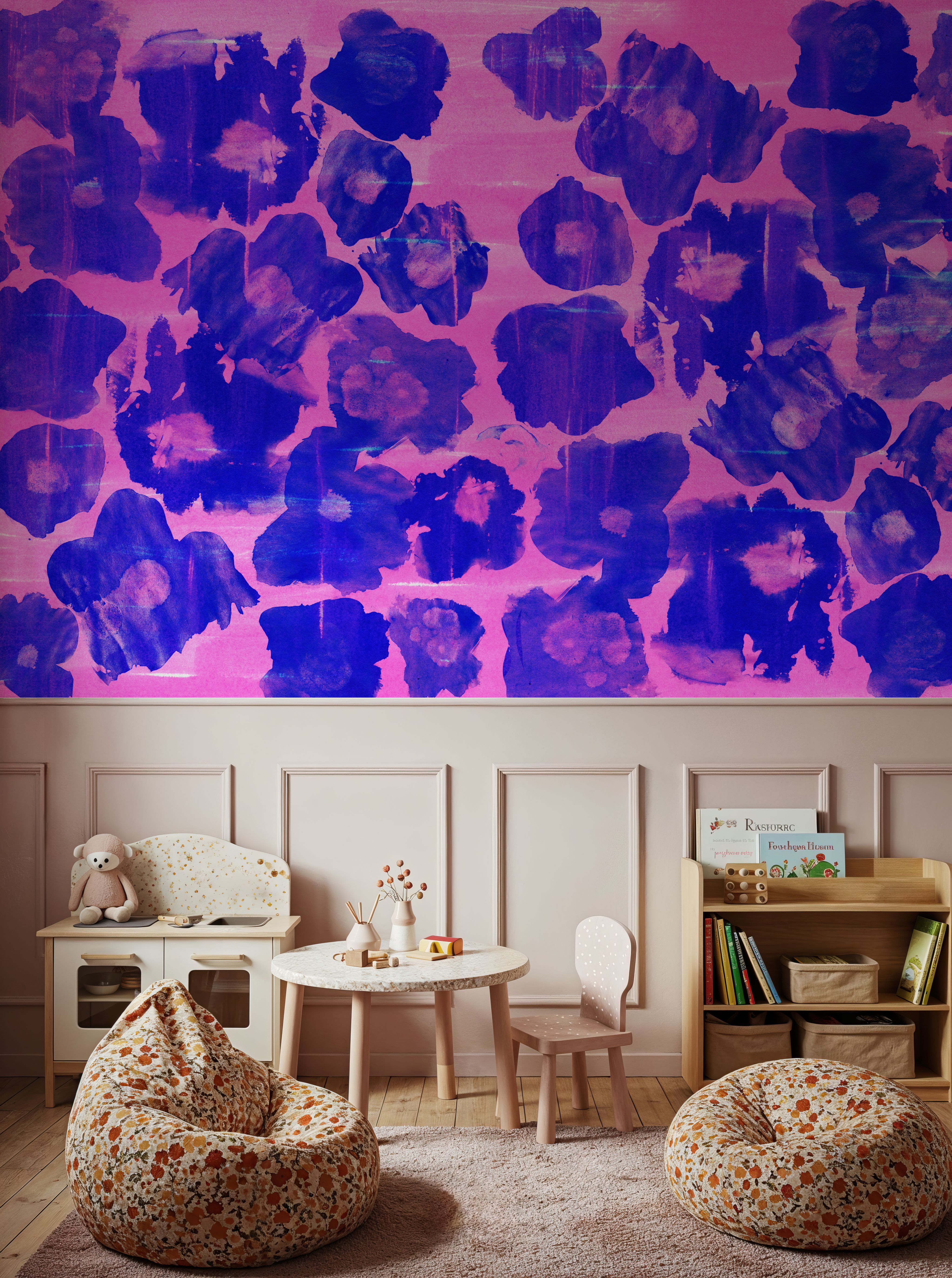 Flower Poufs, Indigo on Pink