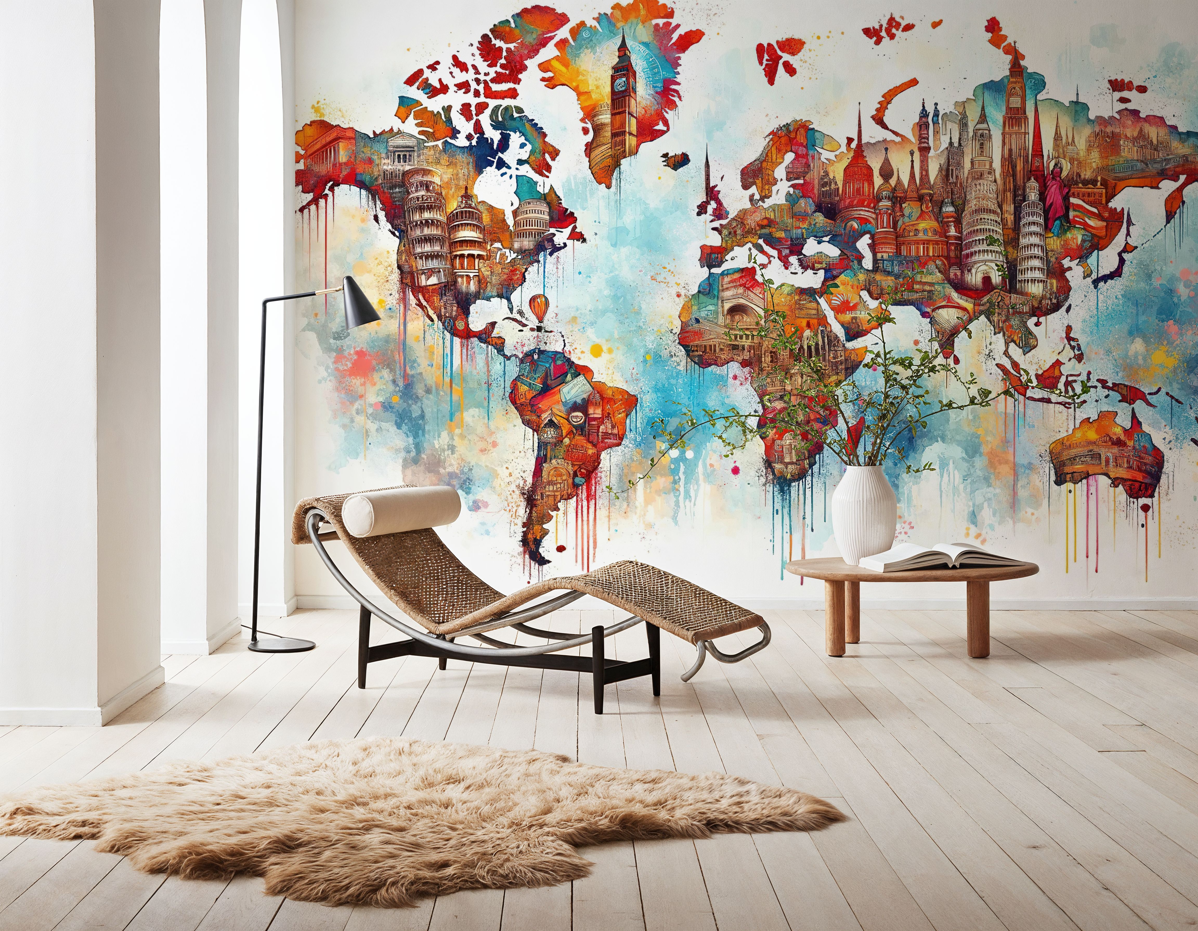 Watercolor World Map Landmarks
