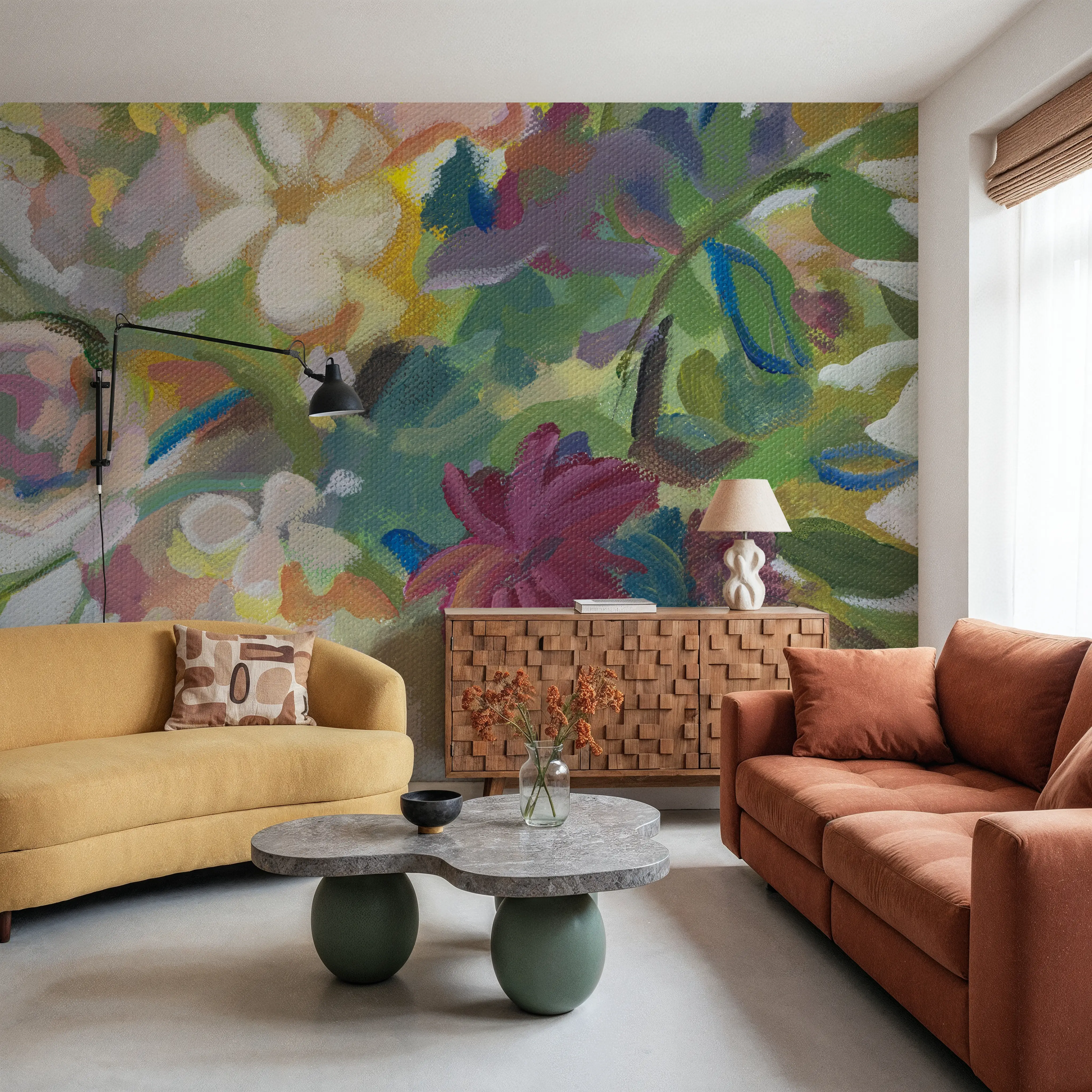Wall Mural - May Maidens - Abstract Floral mural wallpaper - Green - Living room - Wallism UK - Peel & Stick or Paste-the-Wall