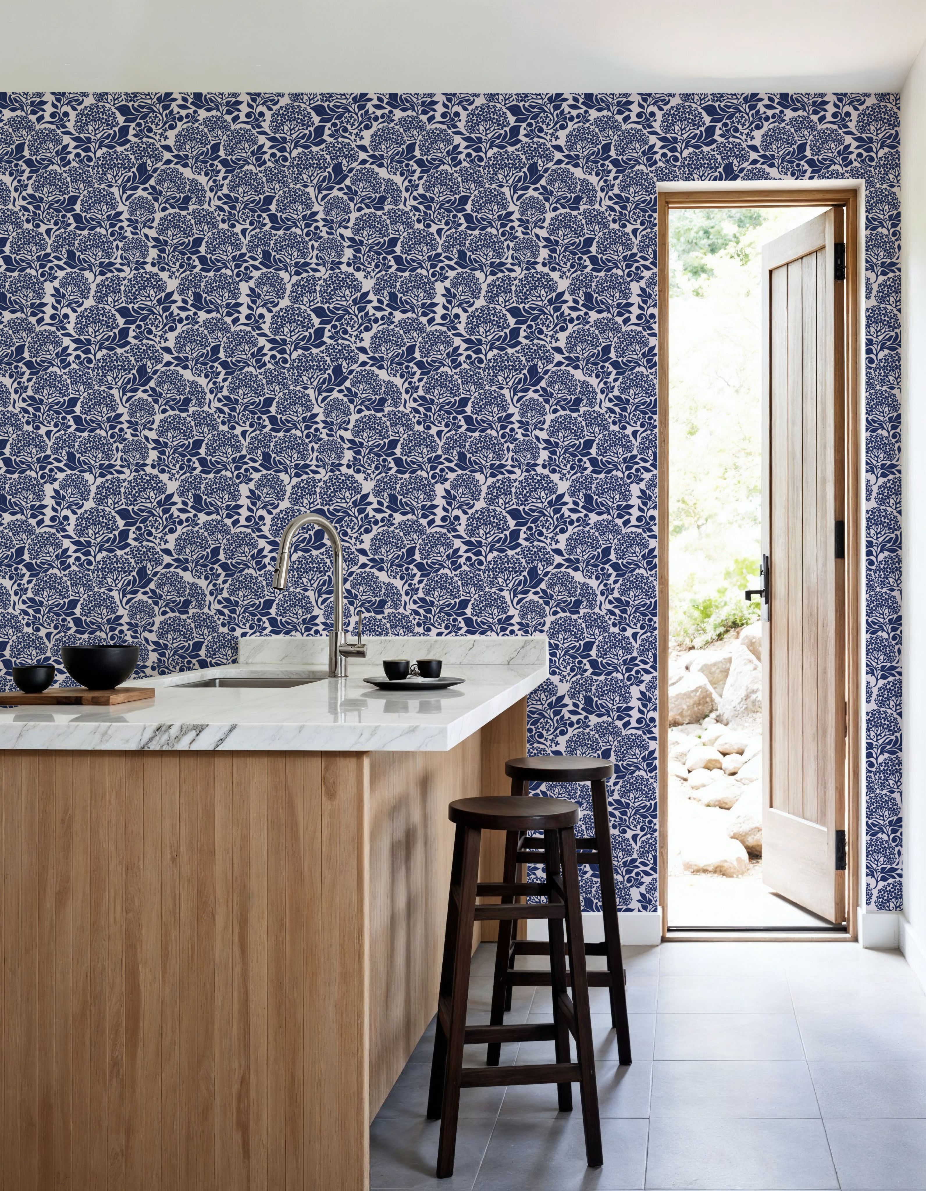 Hydrangea, Navy on Cream