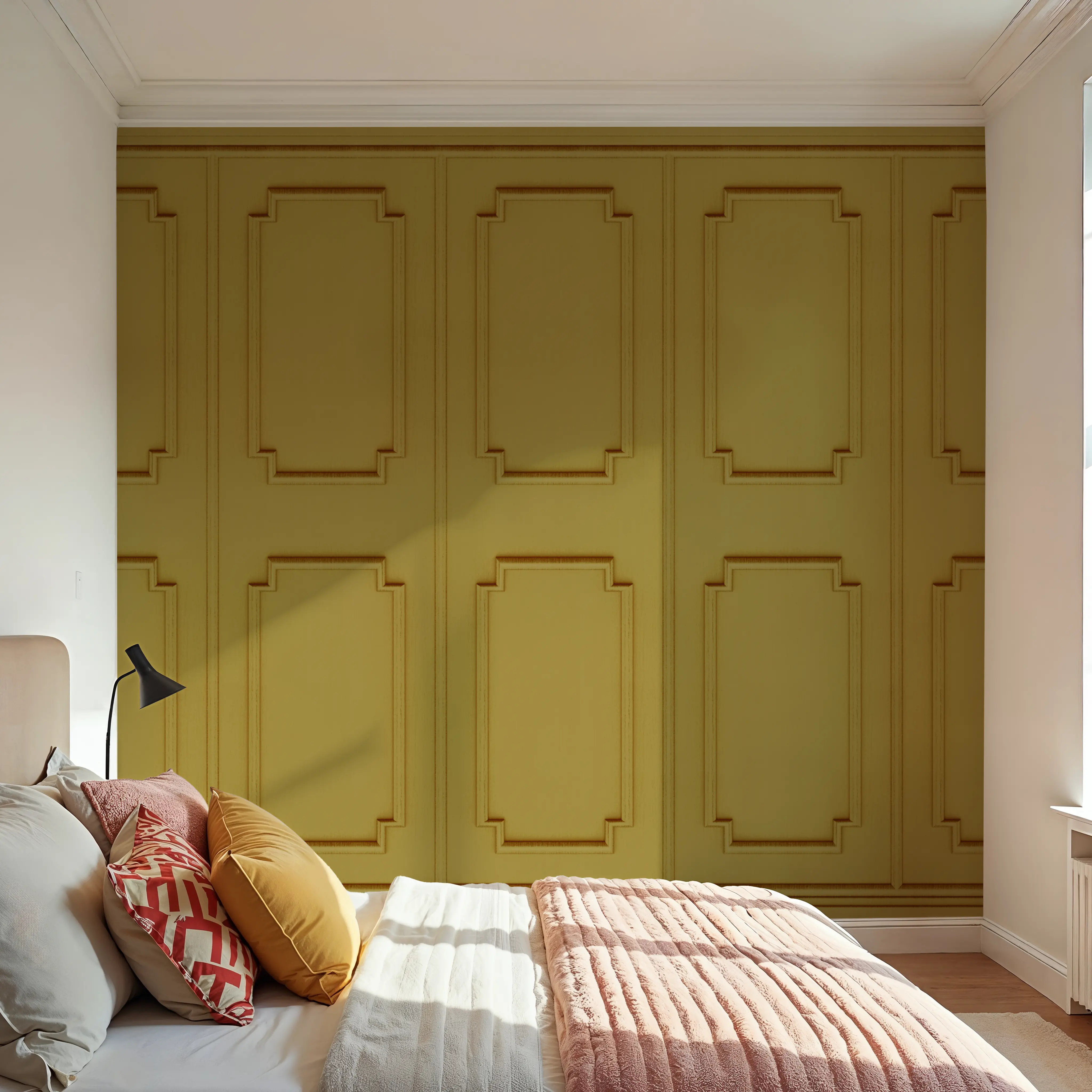 Papier Peint Panoramique - Faux Wall Panel Moulding, Sunflower Yellow - Panneau - Jaune - Salle à manger - Wallism Belgique