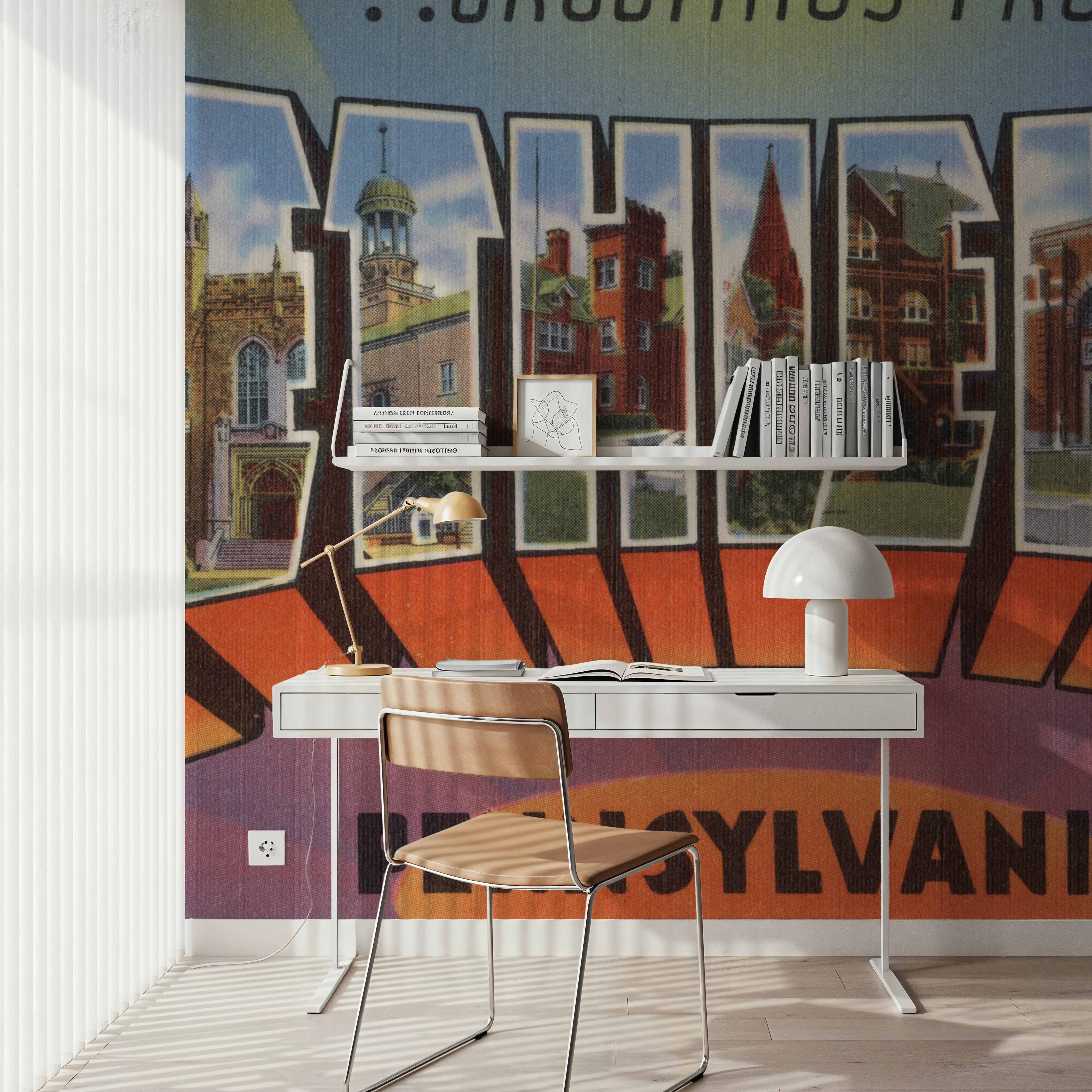 Wall Mural - Greetings from Bethlehem - Screenprint Postcard - Cities Travel & Landmarks mural wallpaper - Orange - Living room - Wallism UK