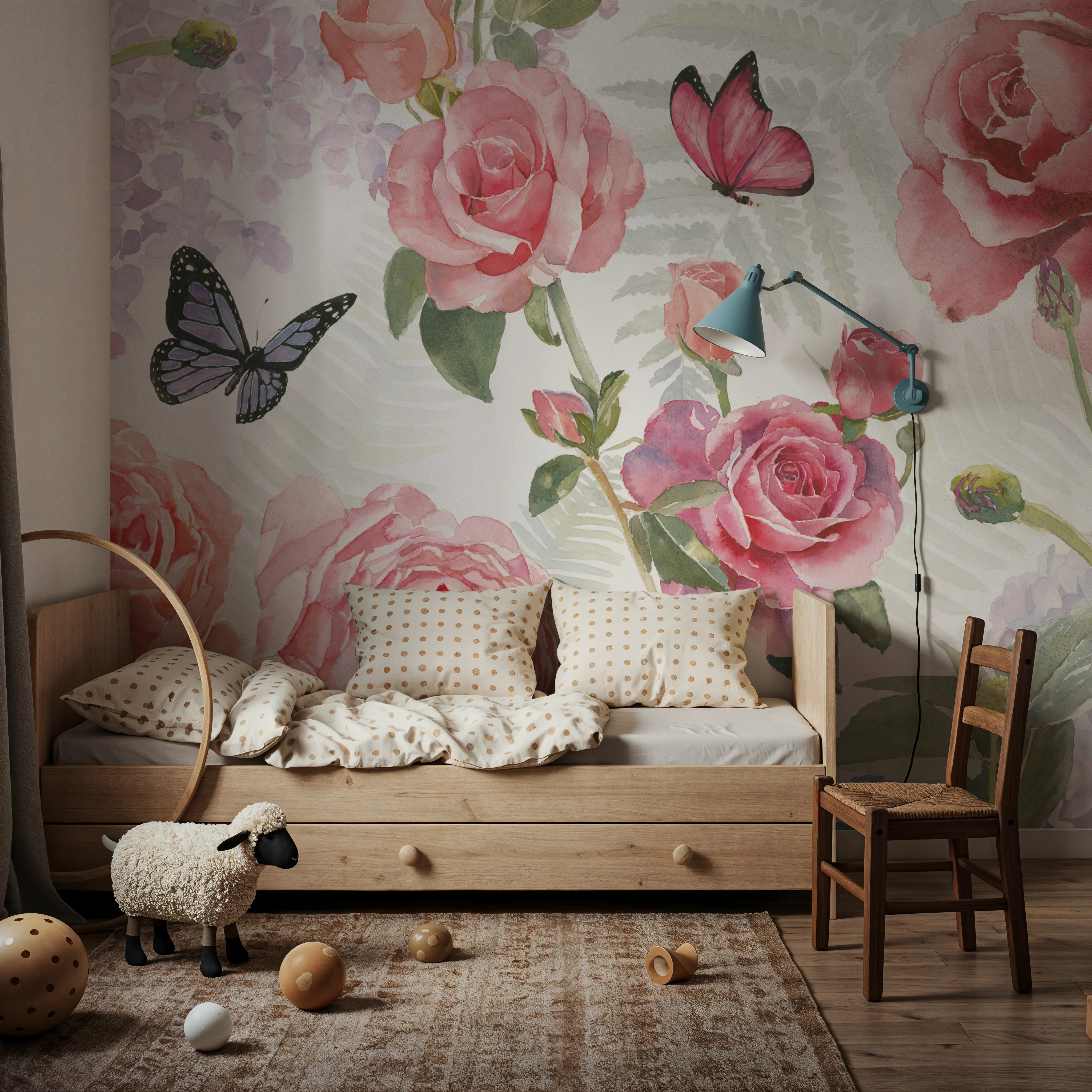 Wall Mural - Boho Bouquet Study White - Floral Insects mural wallpaper - Pink - Living room - Wallism UK - Peel & Stick or Paste-the-Wall