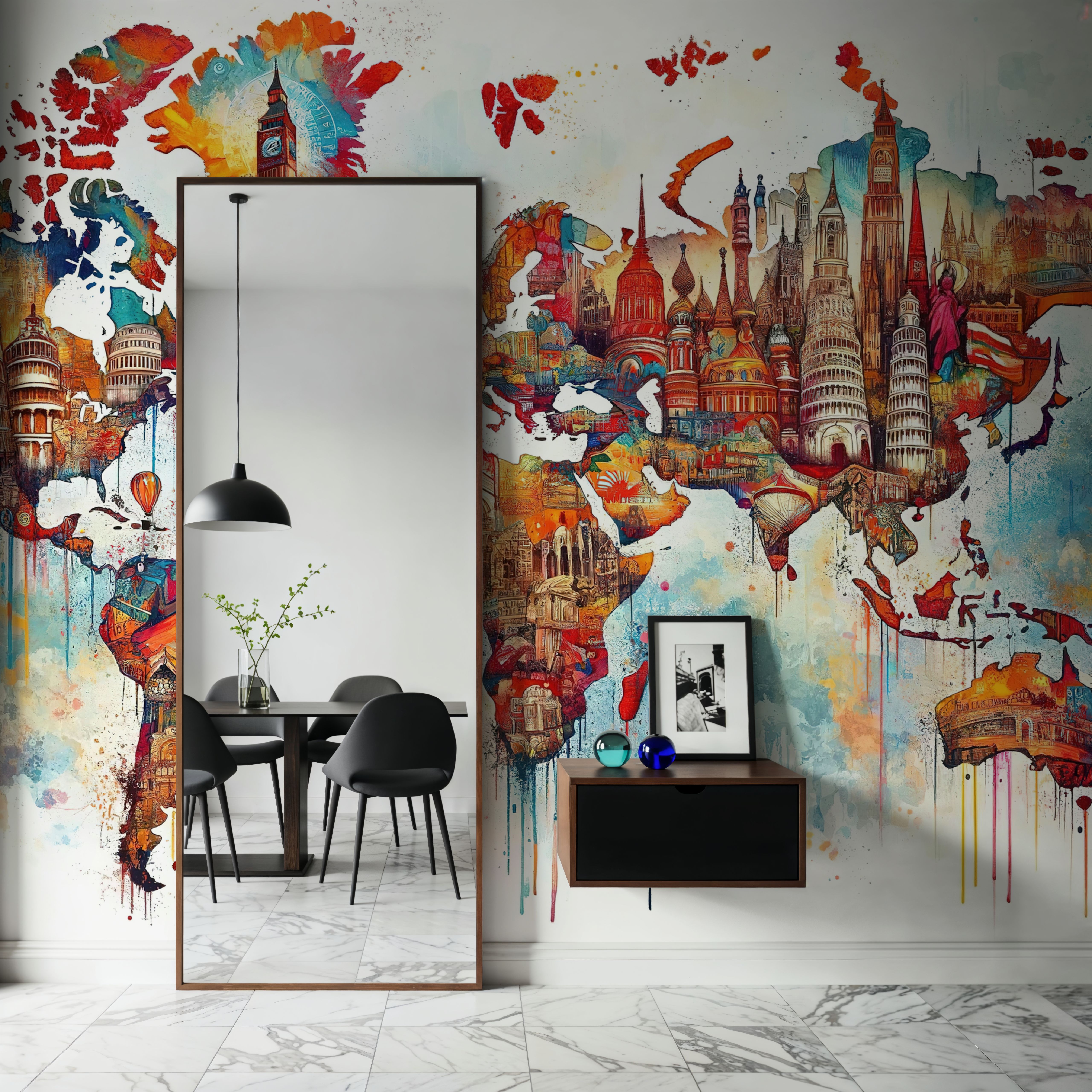 Watercolor World Map Landmarks