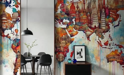 Watercolor World Map Landmarks