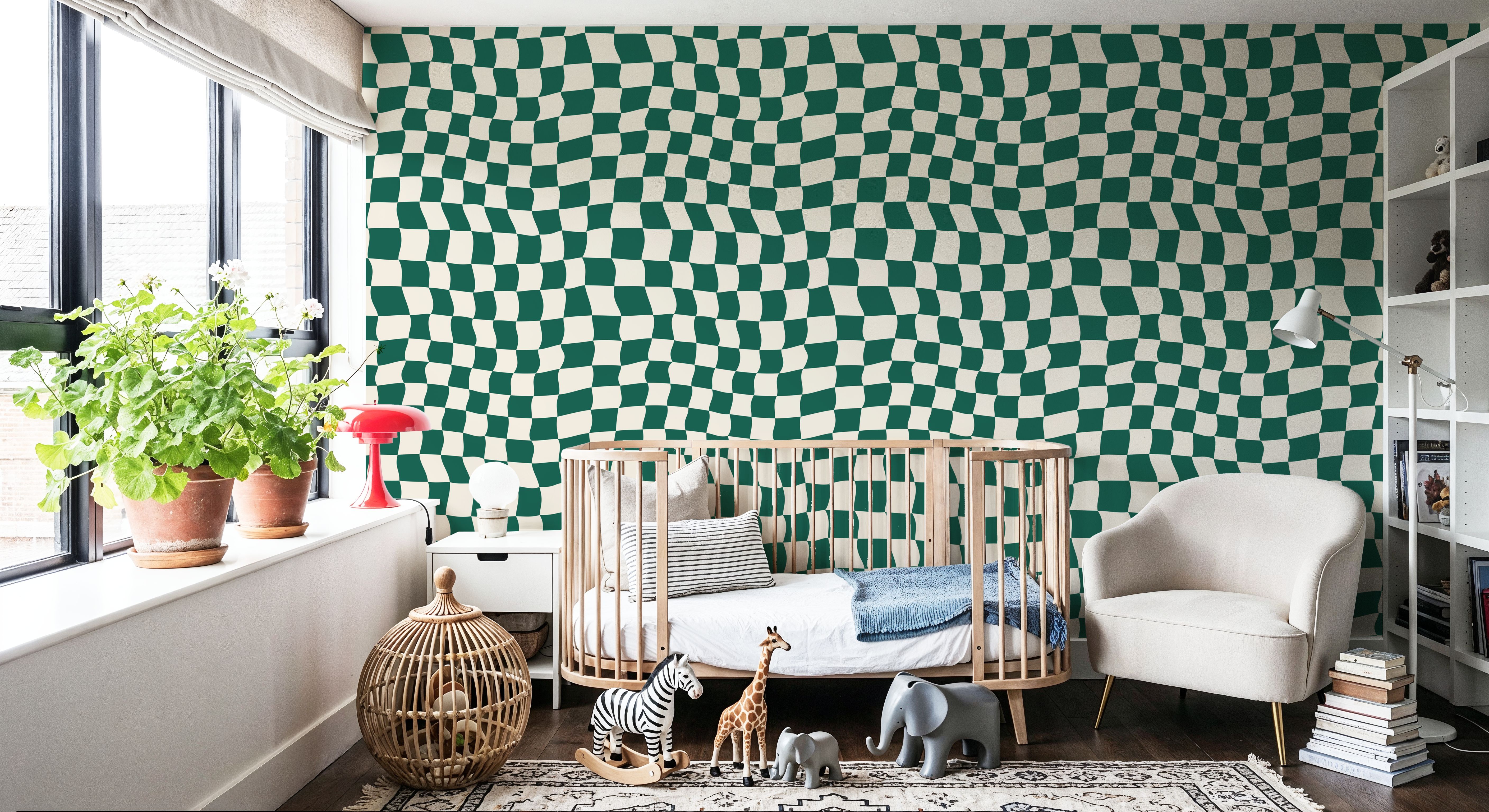 Warped Checkerboard, Forest Green, Wallpaper