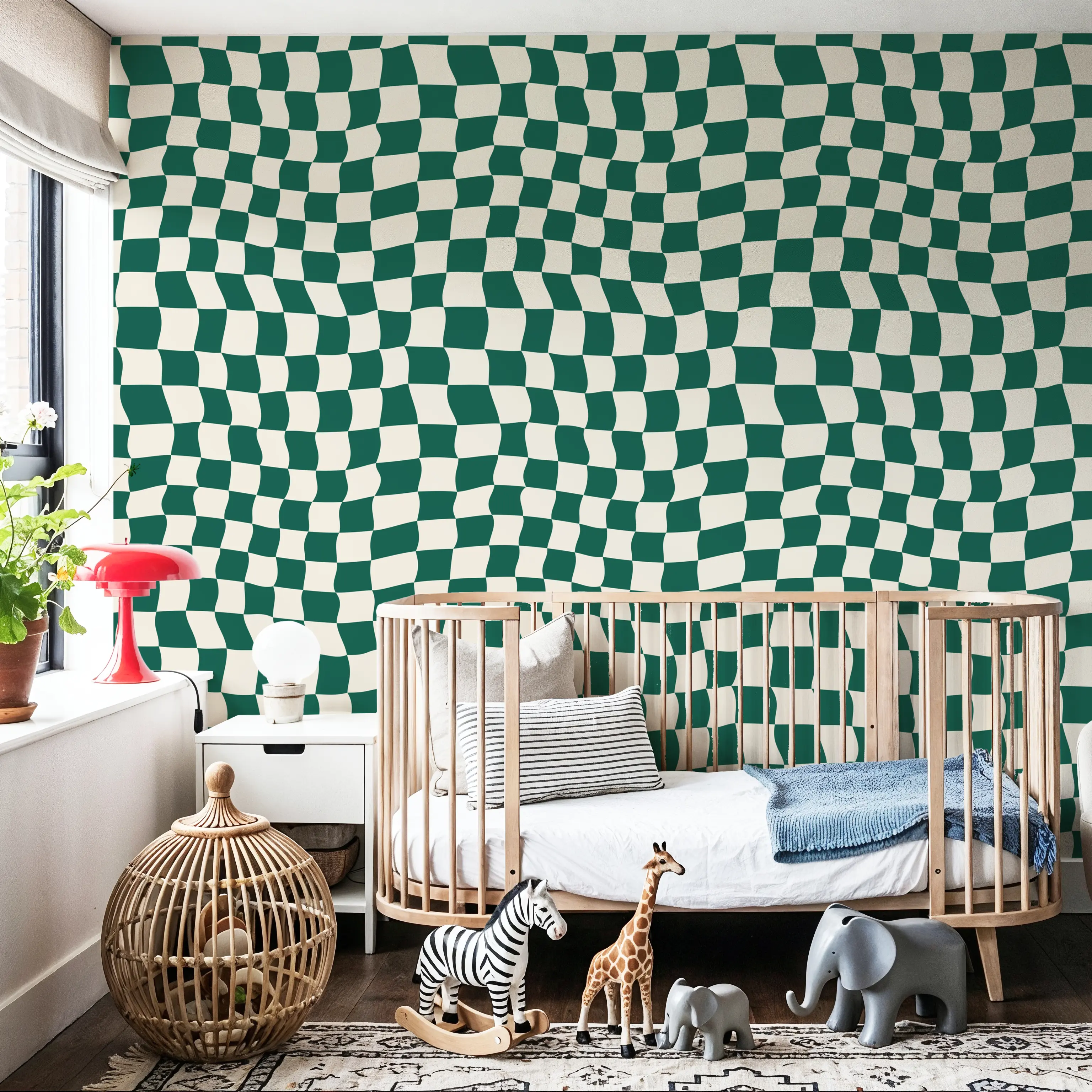Wallpaper - Warped Checkerboard, Forest Green - Squares - Green - Hallway staircases - Wallism UK - Peel & Stick or Paste-the-Wall