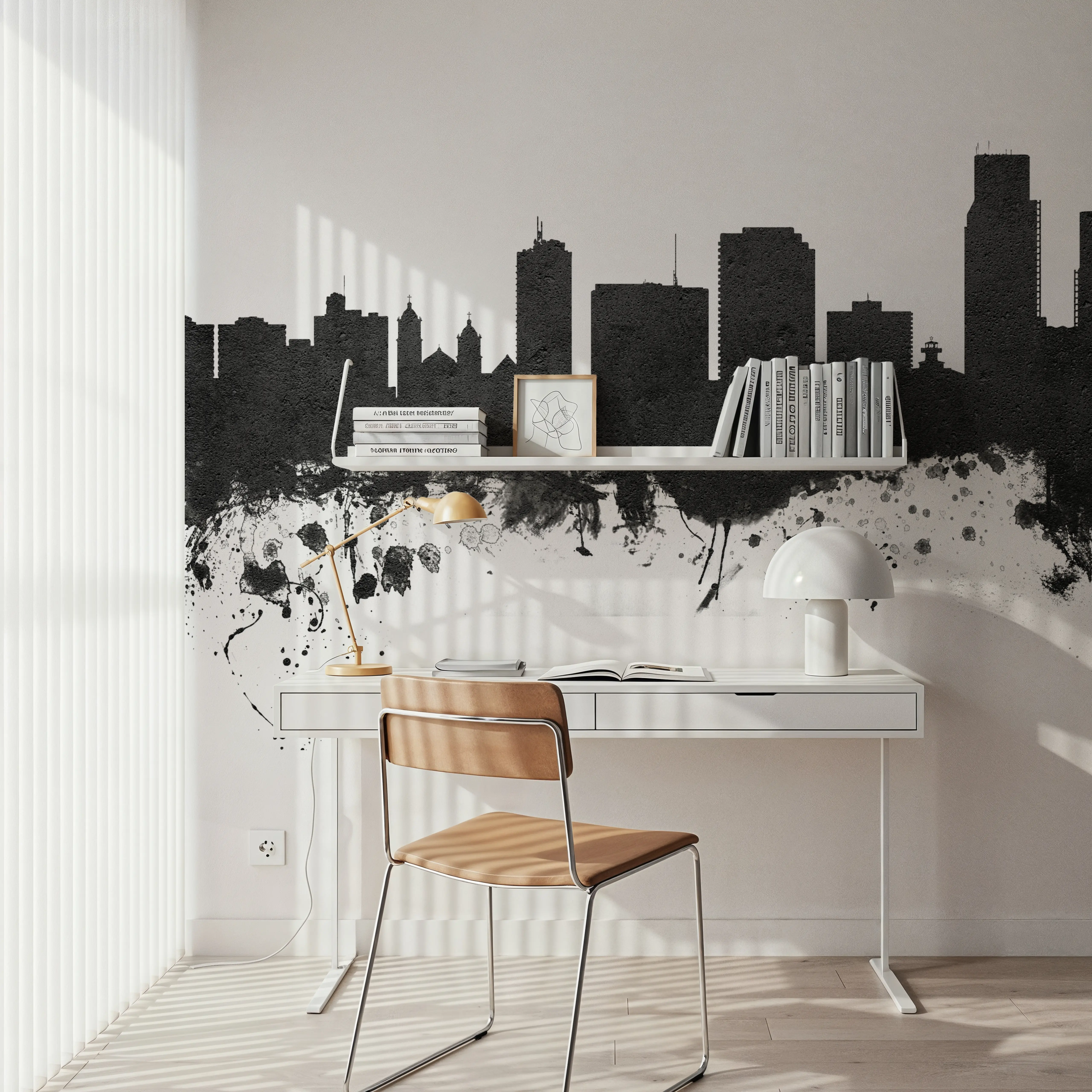 Papier Peint Panoramique - Corpus Christi Texas Skyline Black & White - Abstrait - Gris - Couloir et escaliers - Wallism Belgique