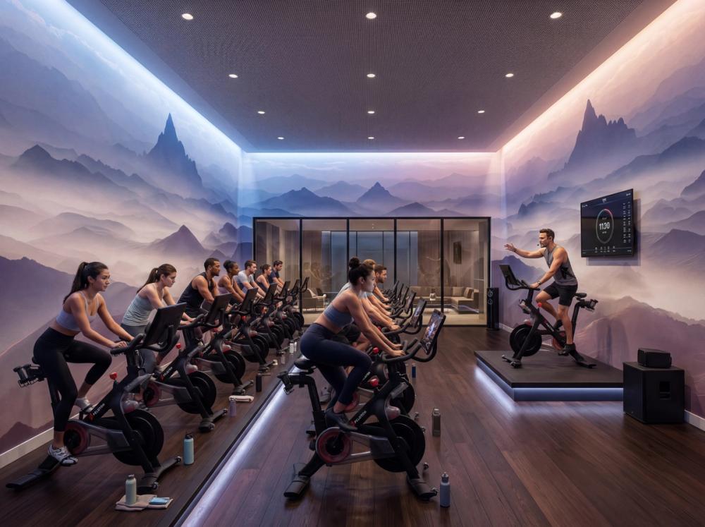 an interior photo of a spinning class studio with a foggy mountain wallpaper mural on the walls