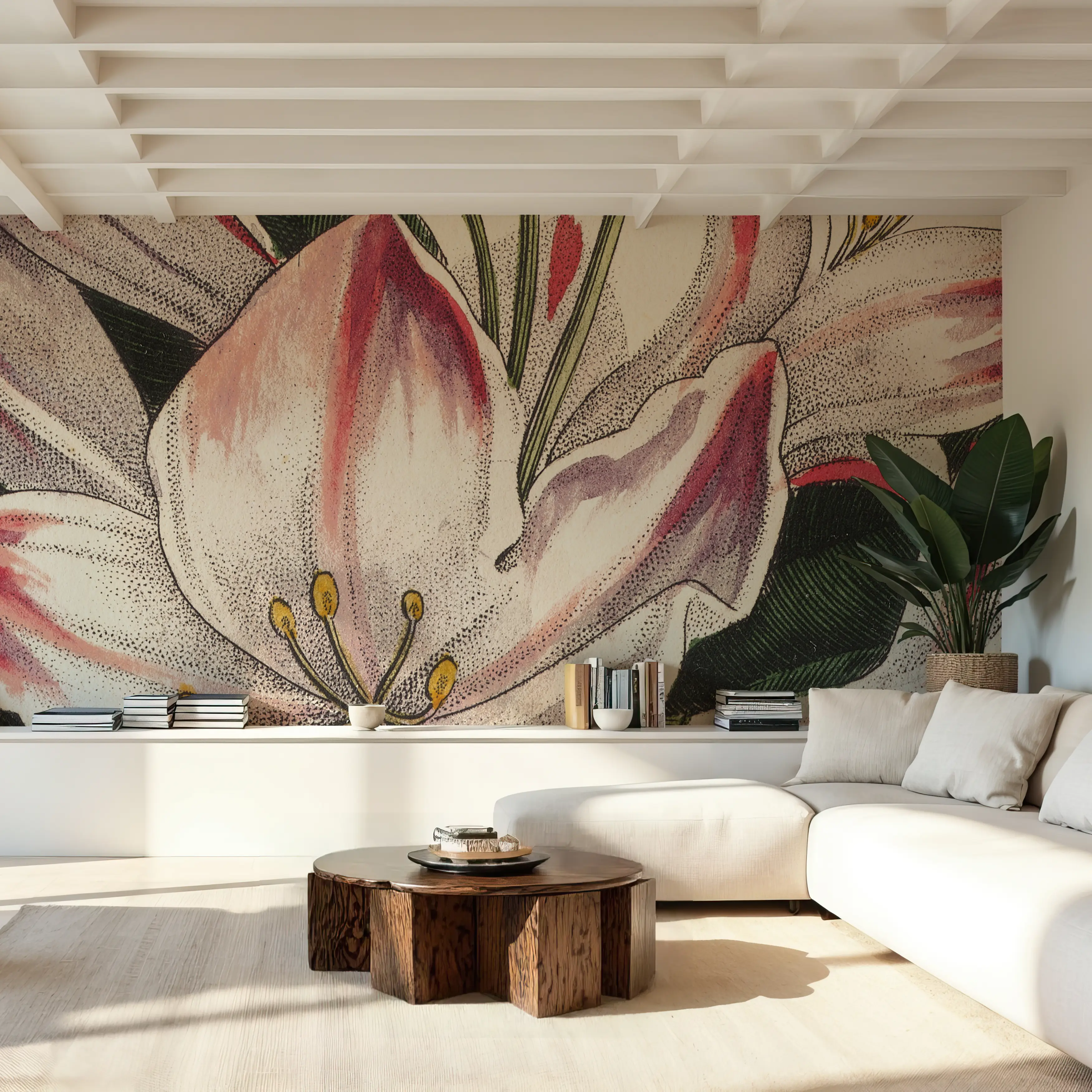 Wall Mural - Botanique Square II - Floral Foliage mural wallpaper - Pink - Dining Room - Wallism UK - Peel & Stick or Paste-the-Wall