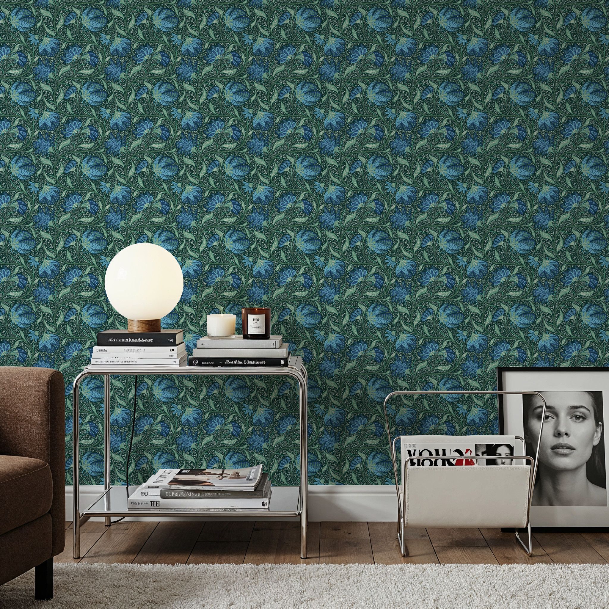 Indial Floral, Teal on Forest, Papel de parede