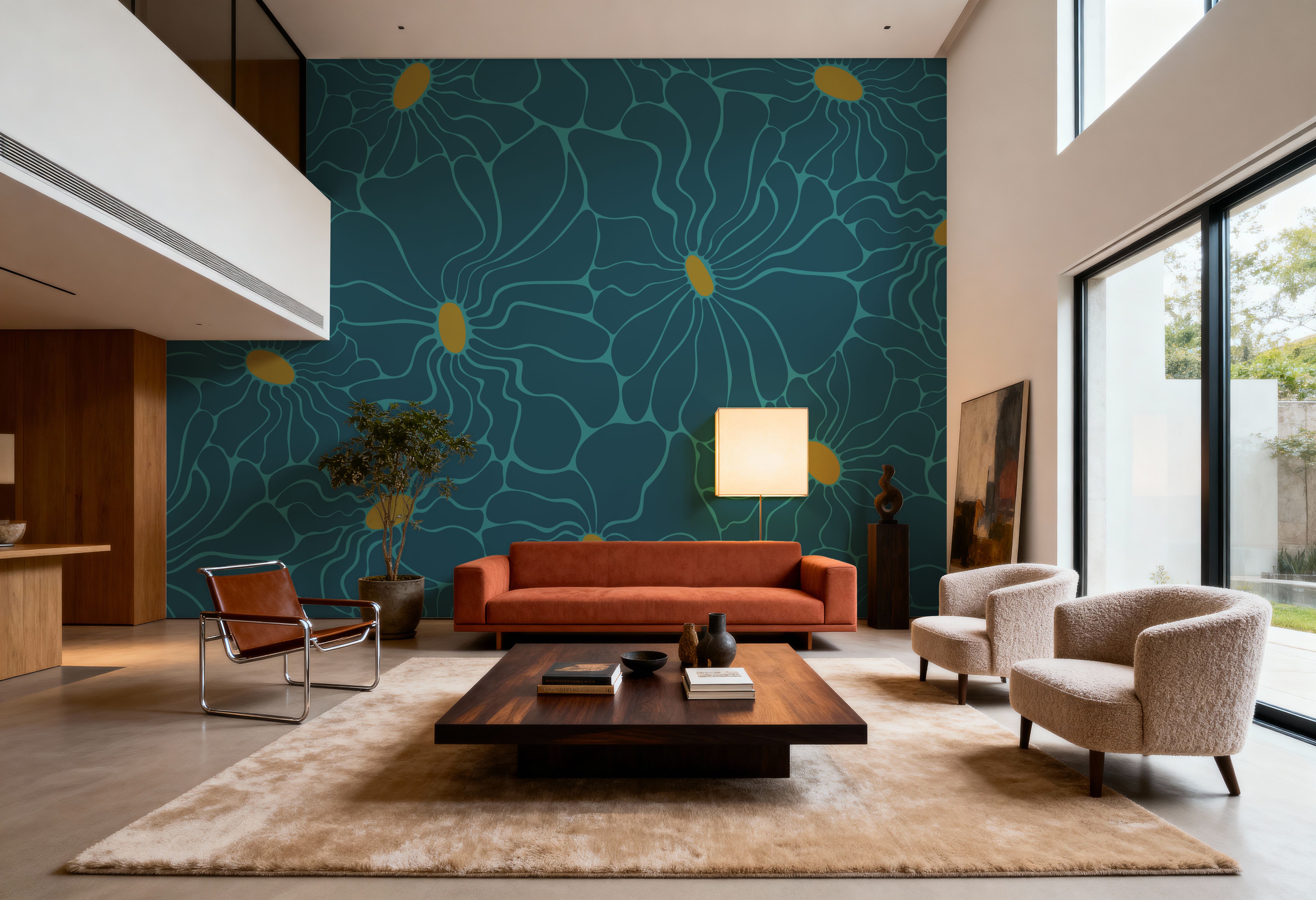 Cool Fluid Flowers Mural, Teal, Tapet
