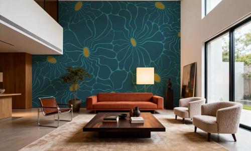 Cool Fluid Flowers Mural, Teal