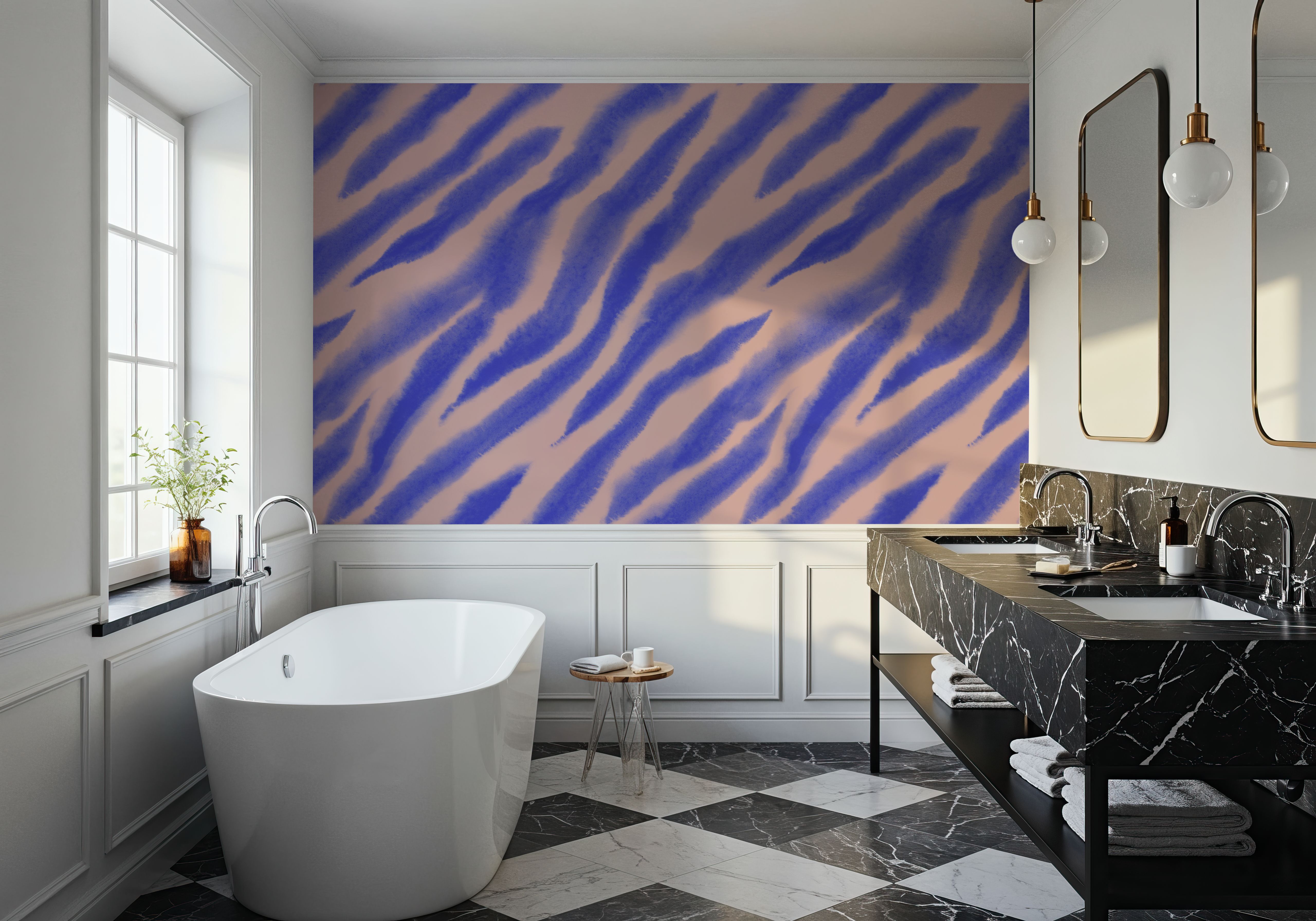 Watercolor Tiger Stripes, Periwinkle on Pink