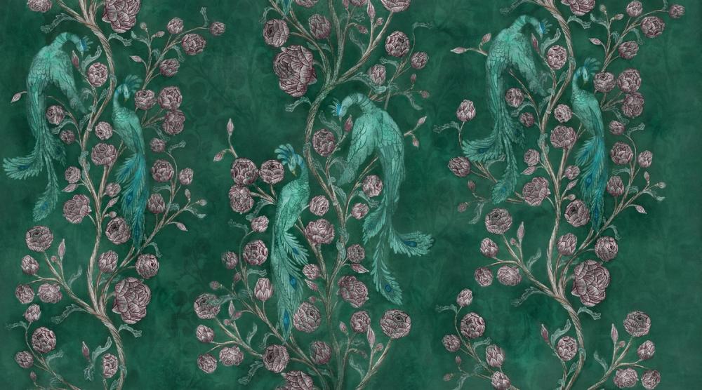Peacock and Peony Chinoiserie Bottle Green