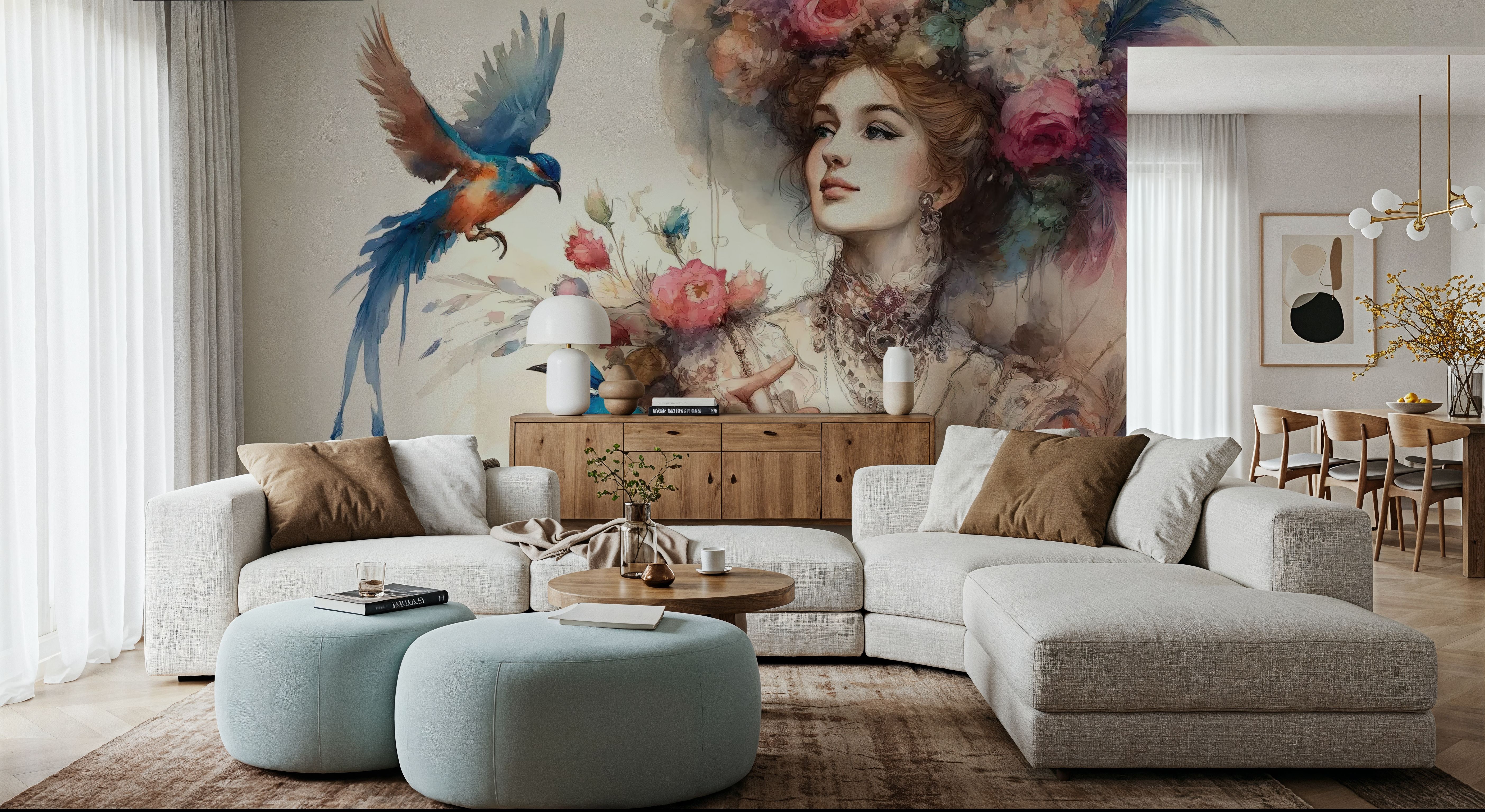 Enchanting Lady Amidst Blooms and Birds