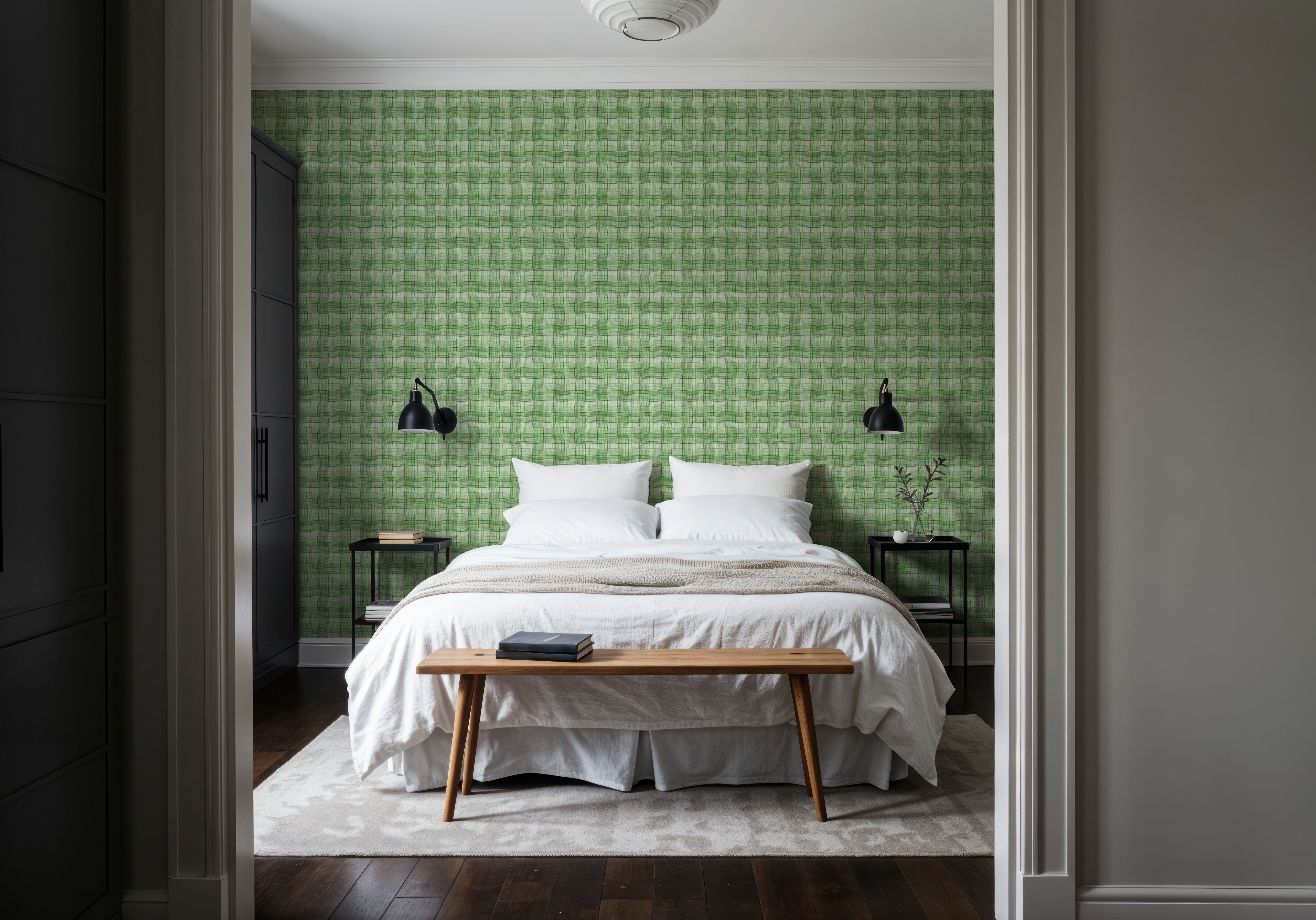 Stripy Gingham, Grass, Tapet