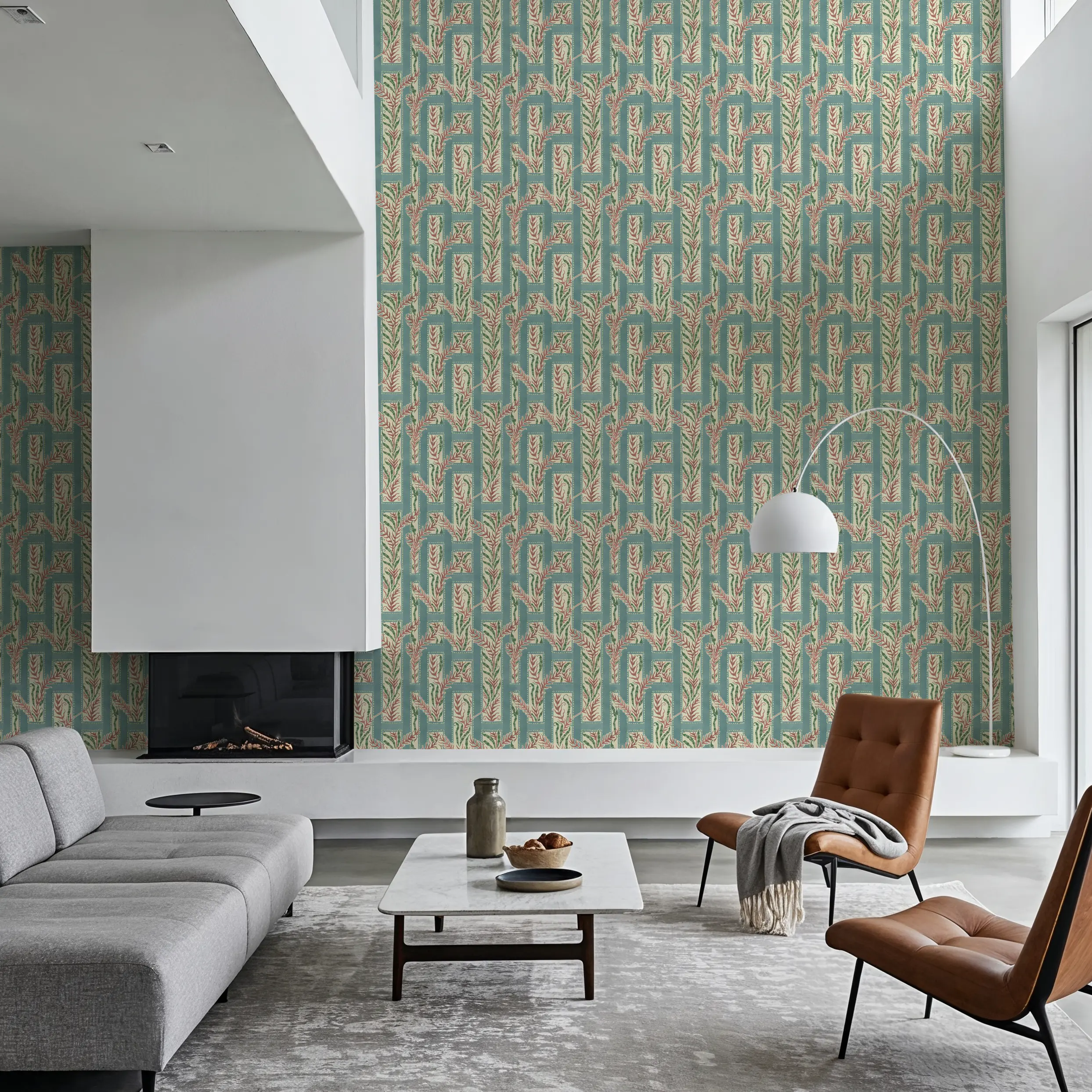 Wallpaper - Samarkand Ferns, Robin's Egg - Arts & Crafts Stripes - Blue - Living room - Wallism UK - Peel & Stick or Paste-the-Wall