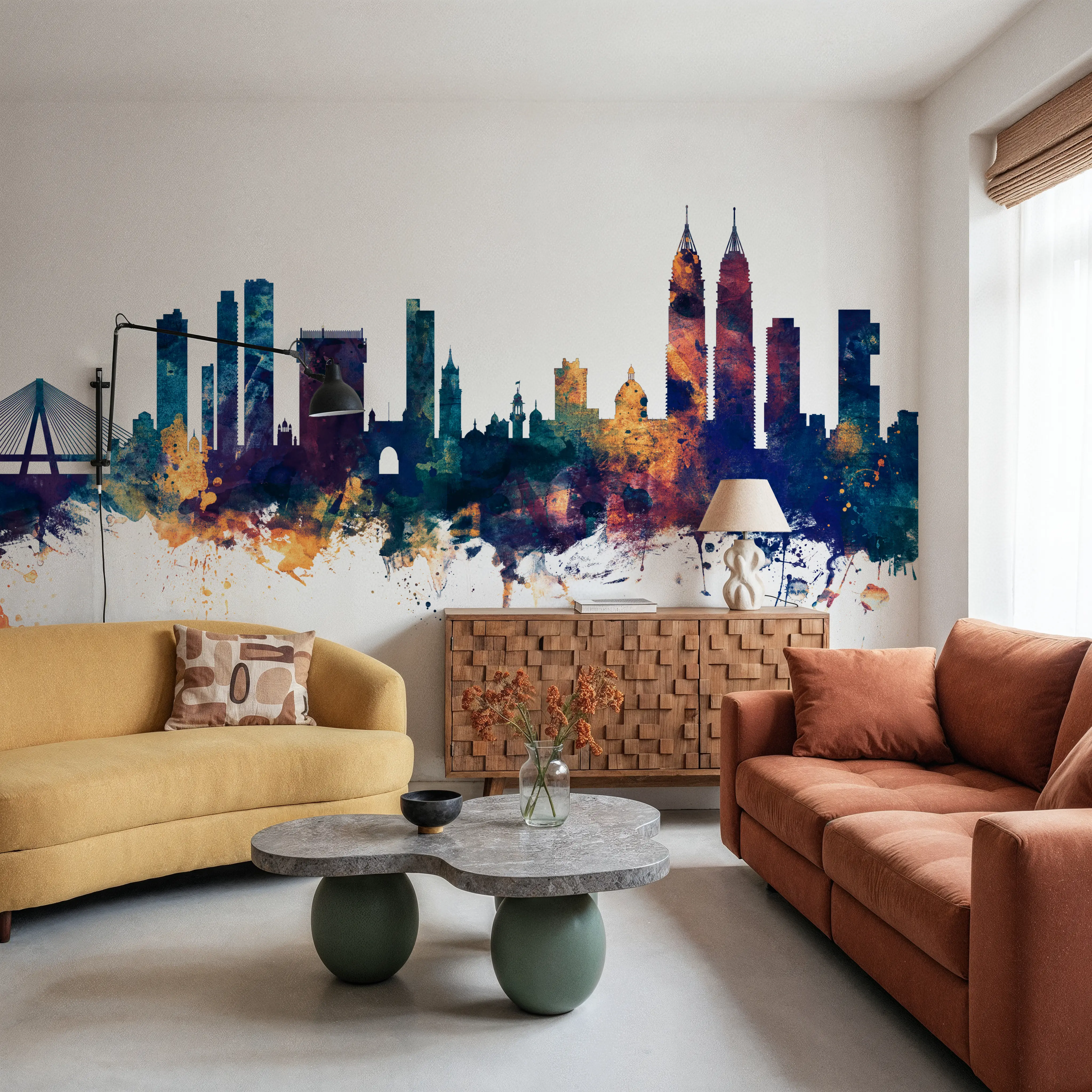 Wall Mural - Mumbai Skyline India Bombay Blue & Bronze - Graphics mural wallpaper - Blue - Hallway staircases - Wallism UK