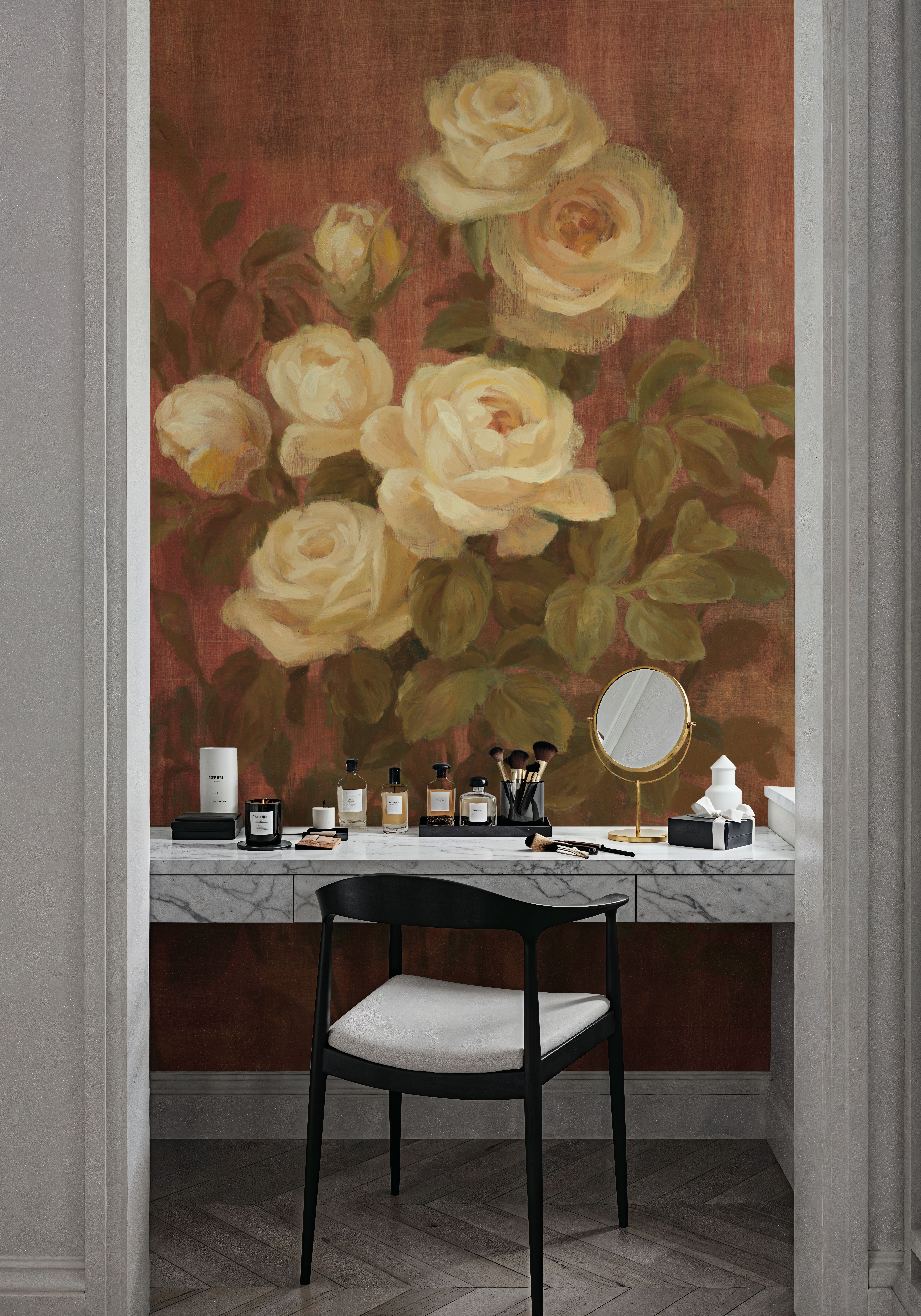 Peach Roses on Red